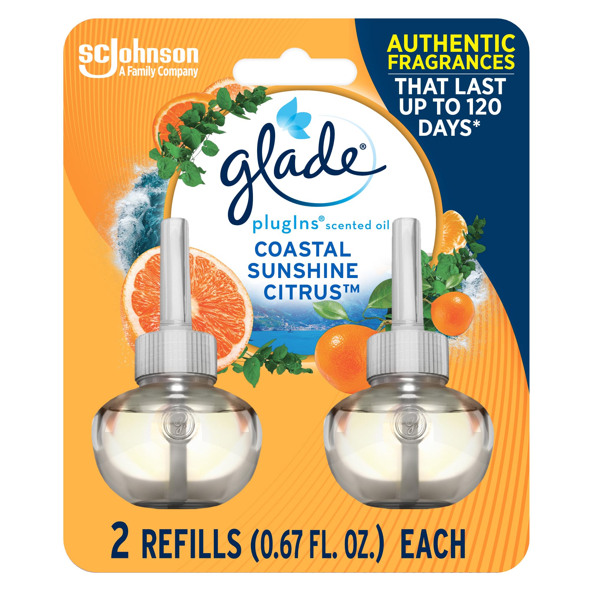 Glade Plugins Refills Air Freshener, Scented And Essential Oils For Home And Bathroom, Coastal Sunshine Citrus, 1.34 Fl Oz, 2 Co