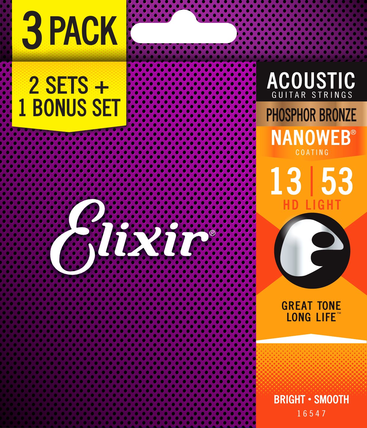 Elixir Strings 16547 Acoustic Phosphor Bronze Guitar Strings With Nanoweb Coating, 3 Pack, Hd Light (.013 .053)