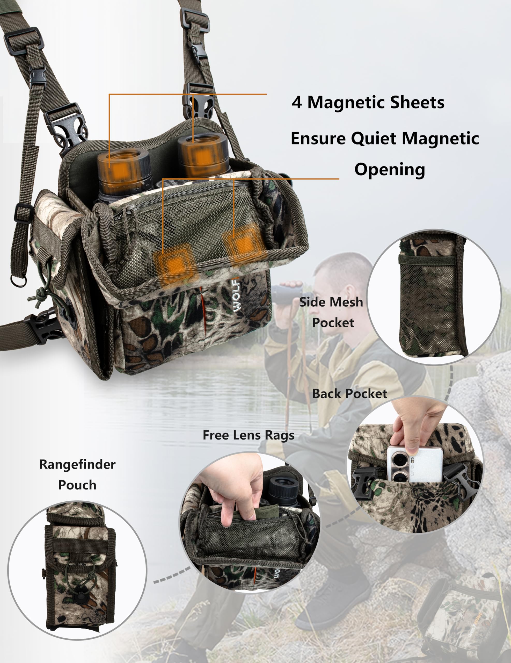 Wolfhunt Binocular Harness Chest Pack Magnetic Closure, Bino Case With Detachable Rangefinder Pouch, Camouflage Bino Bag With Ad