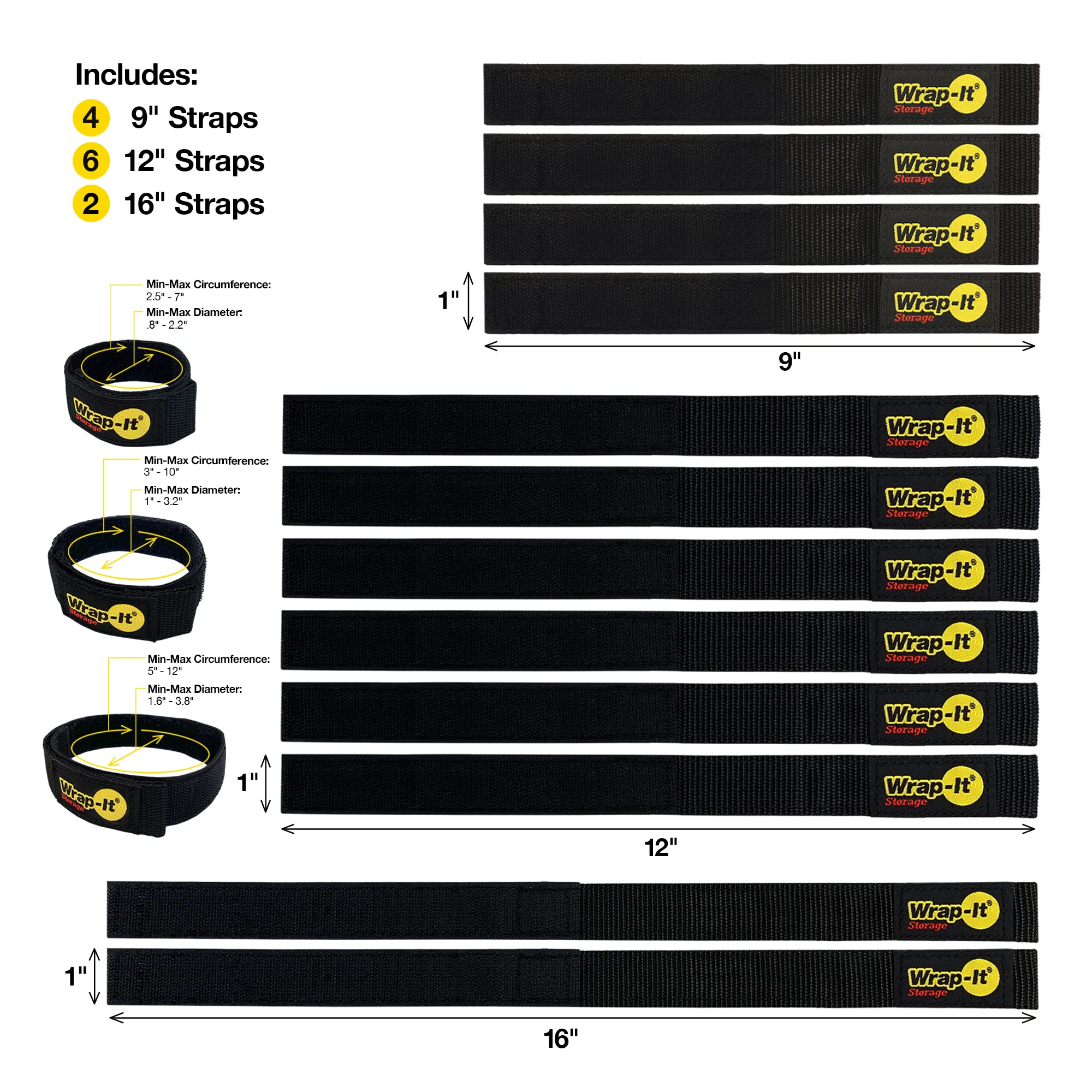 Quick Straps By Wrap It Storage   Assorted 12 Pack (Black)   Hook And Loop Hose And Cable Organizers