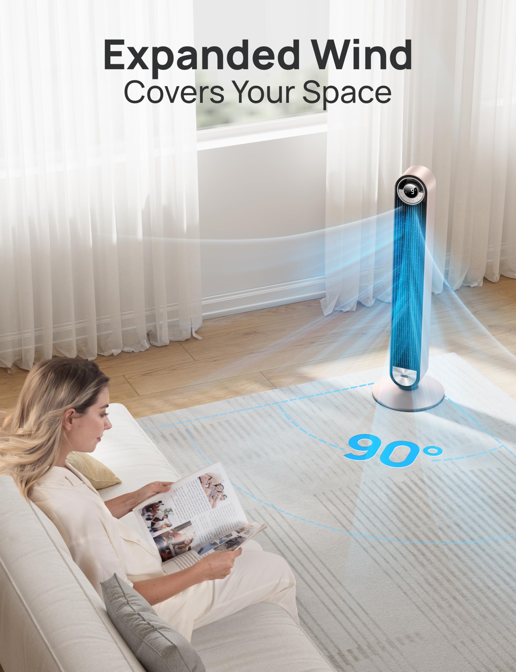 Dreo Smart Tower Fans For Home, 90 Oscillating Fan Bedroom Indoors, Voice Control Floor With 12H Timer, 42 Inch Quiet Bladeless