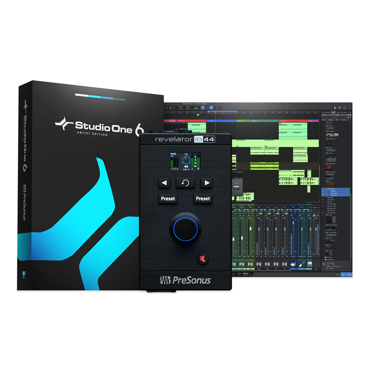 Presonus Revelator Io44 Usb C Audio Interface For Music Production And Streaming With Built In Mixer And Easy To Use Effects Presets Plus Studio One Daw Recording Software