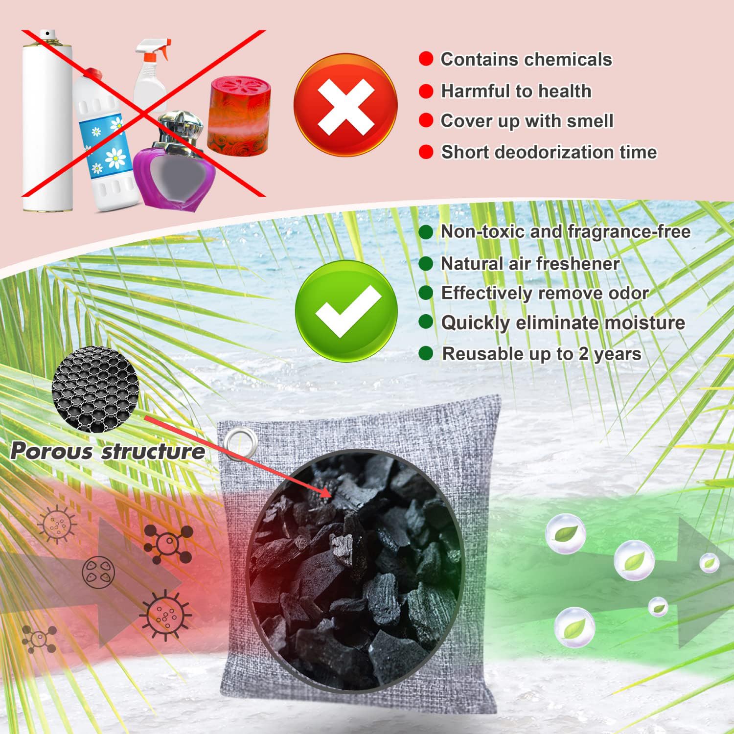 Mayunuo Bamboo Activated Charcoal Odor Absorber Nature Fresh Air Purifying Bag, 8 Pack W Hooks, Home Closet Car Air Freshener De