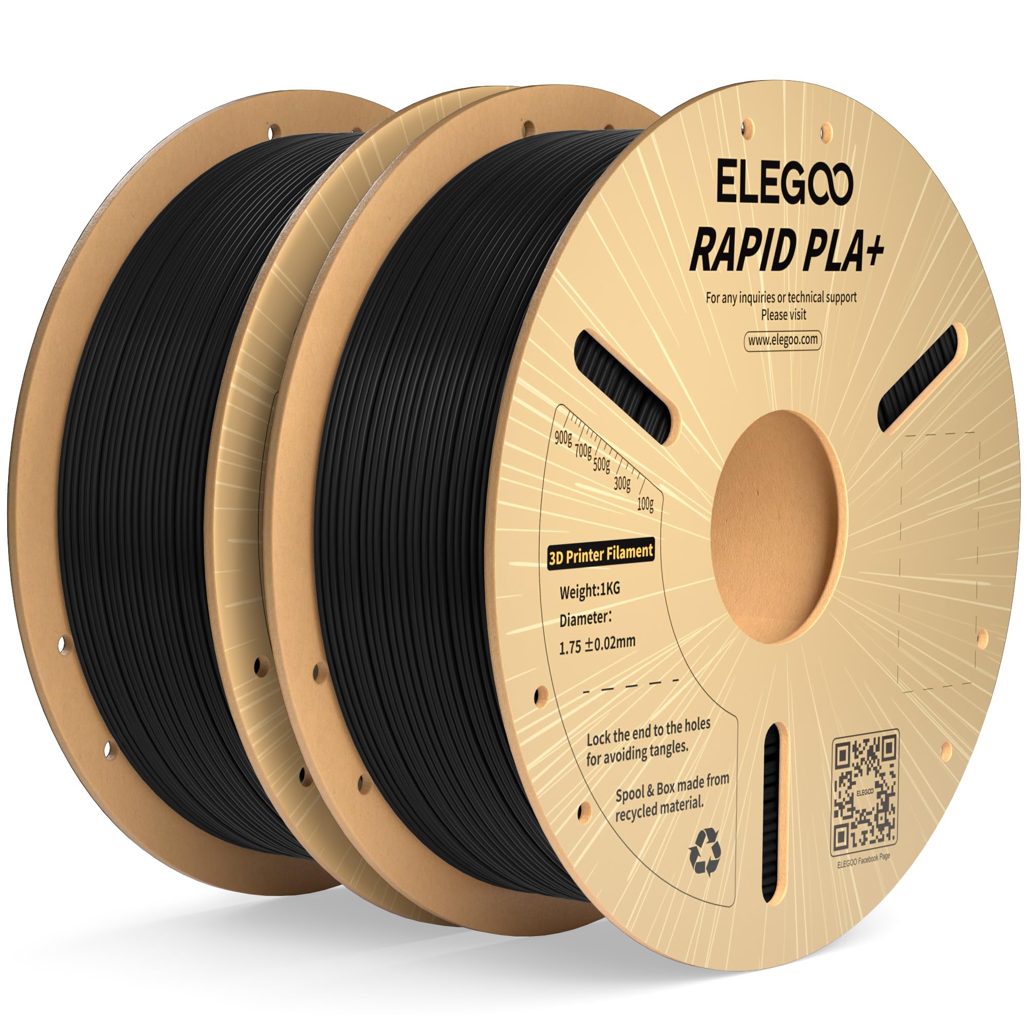 ELEGOO Rapid PLA Plus Filament 1.75mm Black 2KG, PLA+ 3D Printer Filament for 600 mm/s High Speed Printing, Dimensional Accuracy