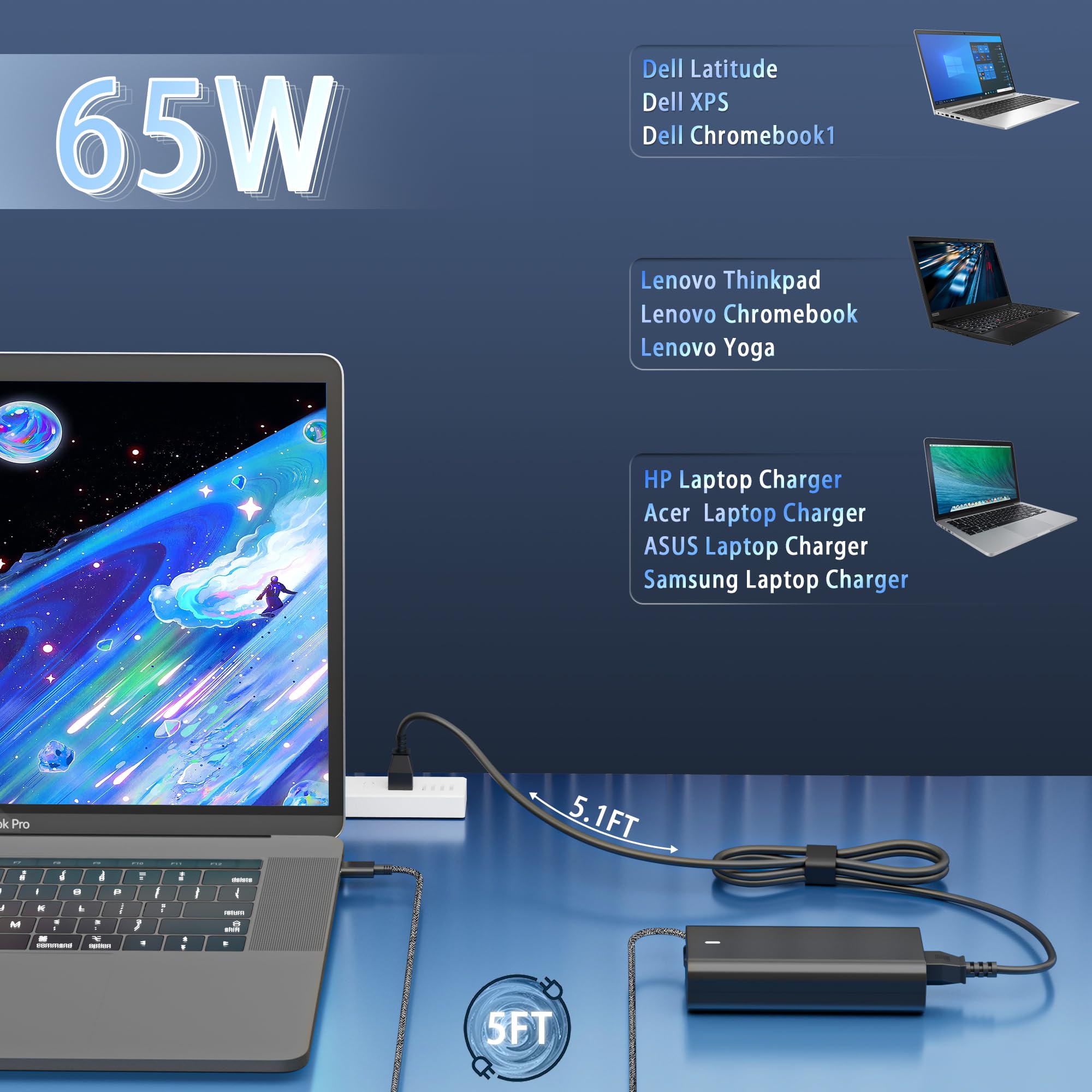 New Slim 65W Dell Laptop Charger Usb C For Dell Latitude 5420 5530 5430 5520 7420 7440 7340 Chromebook 3100 Xps 13 7390 9360 Typ