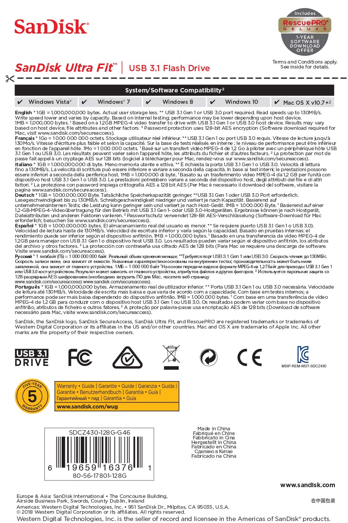 Sandisk Ultra Fit 128Gb Usb 3.0 Flash Drive - Sdcz43-128G-Gam46