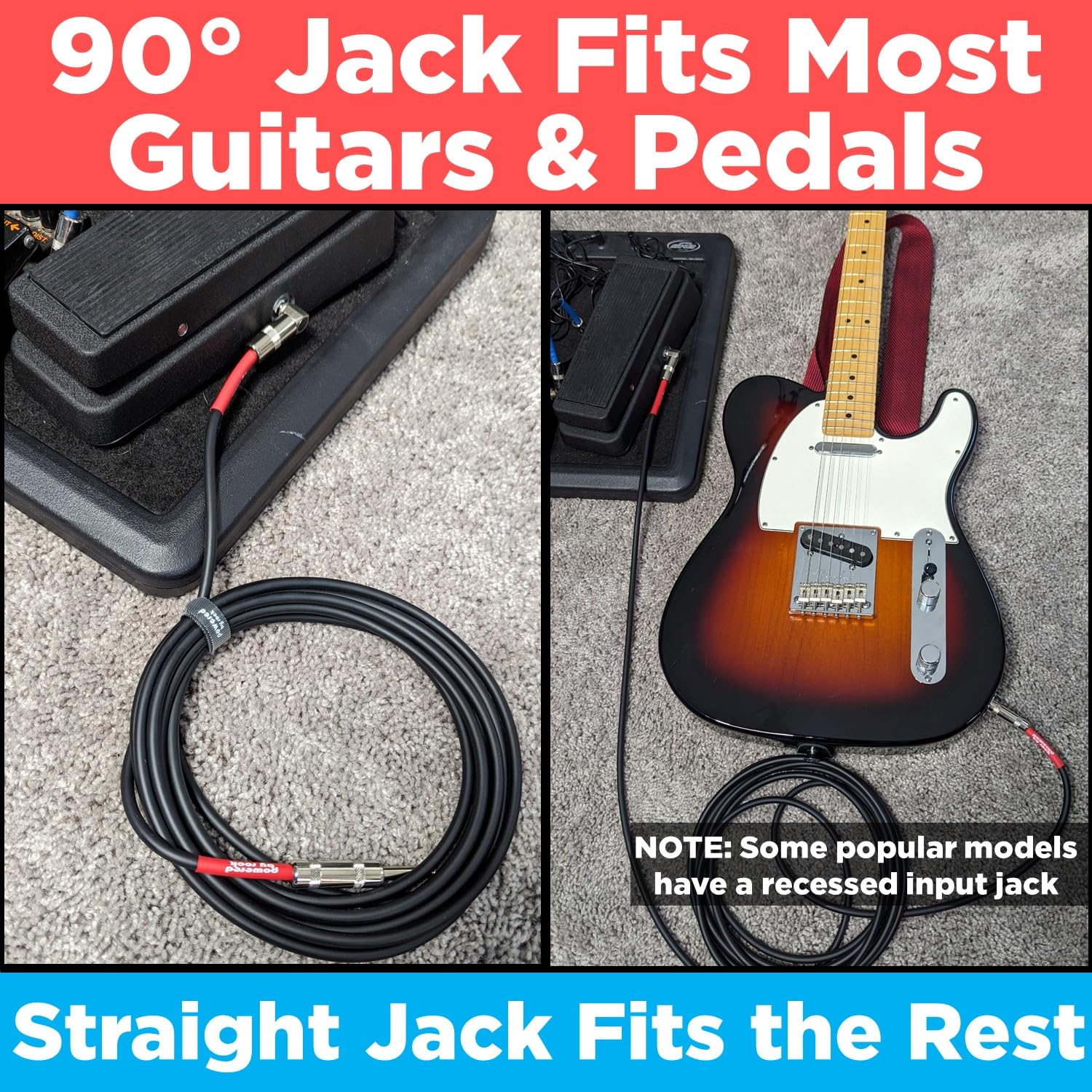 Powered By Rock 15ft Guitar Cable - Tangle-Free Electric Guitar & Bass Cable, 1/4 Inch Male to Male, Right Angle Jack, Black