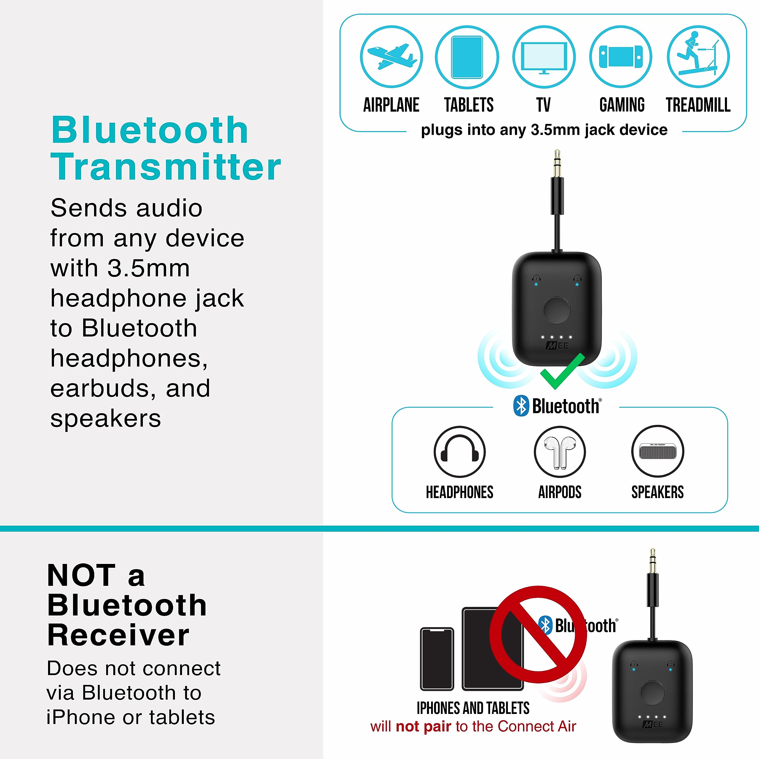 Mee Audio Connect Air In Flight Bluetooth Wireless Audio Transmitter Adapter For Up To 2 Airpods/Other Headphones; Works With Al