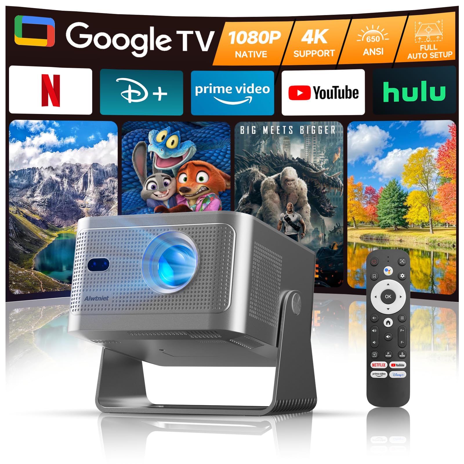 Smart Projector with Google TV, 4K Support Portable Mini Projector with Wifi and Bluetooth, Auto Focus & Obstacle Avoidance, TV 