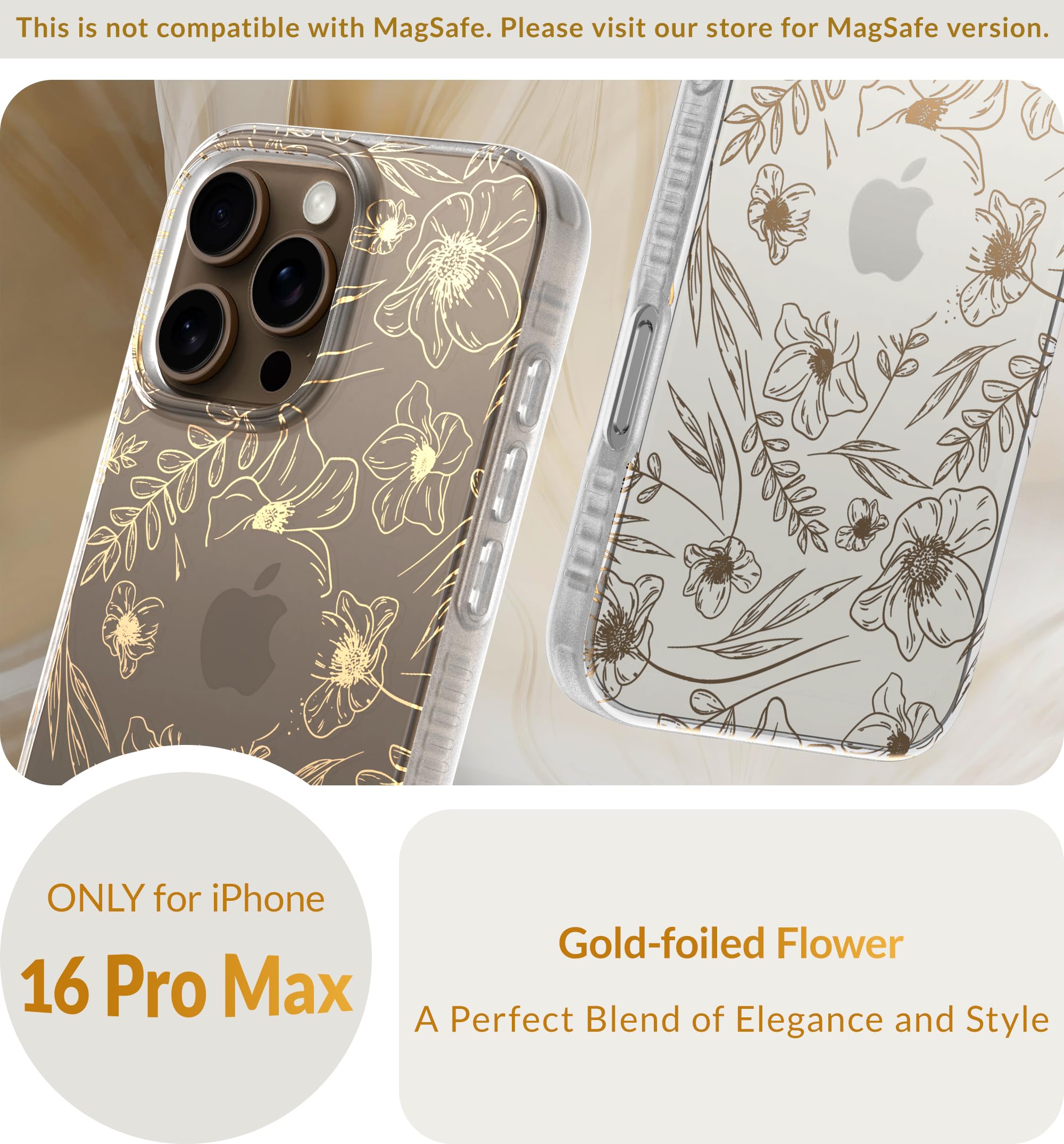 Lonli Hue   For Iphone 16 Pro Max Case   Gold Floral Phone Case   [360 Shock Absorbent Bumper]   Cute, Unique And Aesthetic Phon