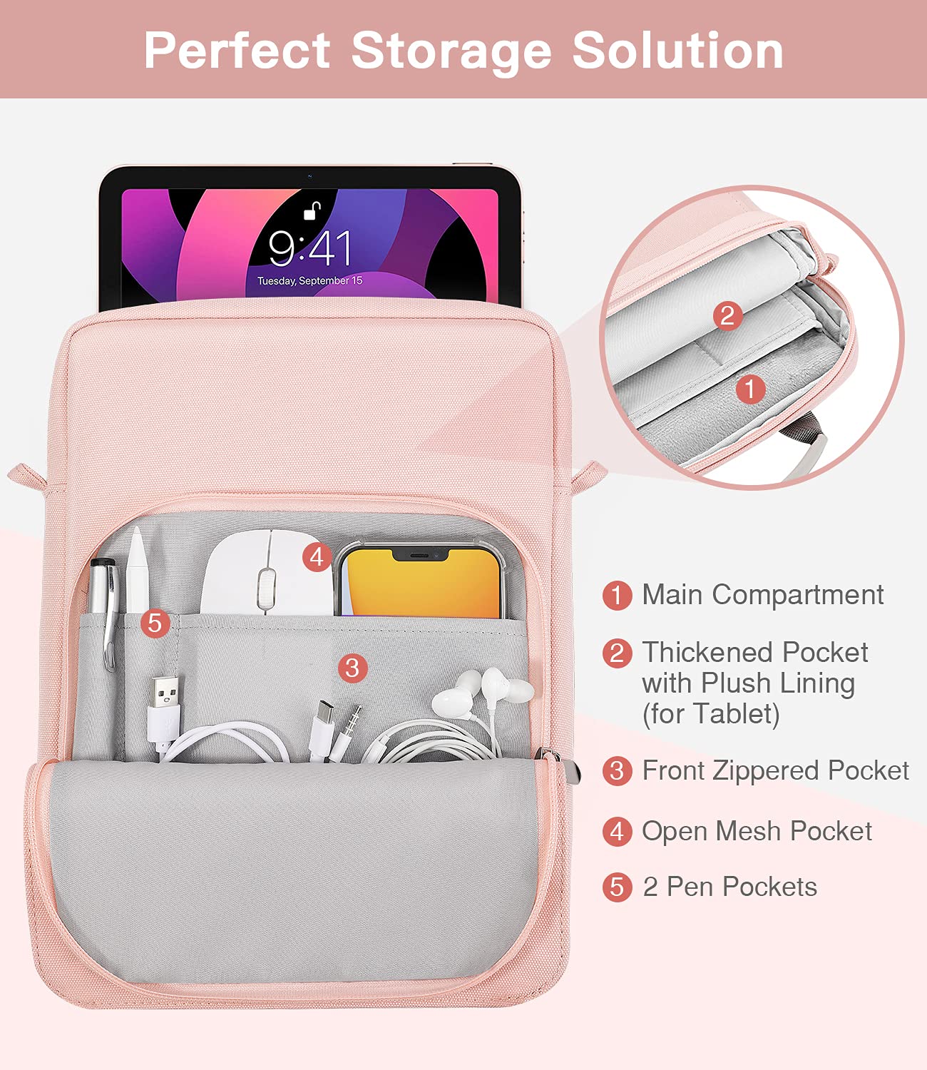 MoKo 9 11 Inch Tablet Sleeve Bag Handle Carrying Case with Shoulder Strap Fits New 11 inch iPad Pro M4/iPad Air M2, iPad 10th 10.9, iPad 9/8/7th 10.2, iPad Air 5/4th 10.9, Tab S8/S9 11, Pink
