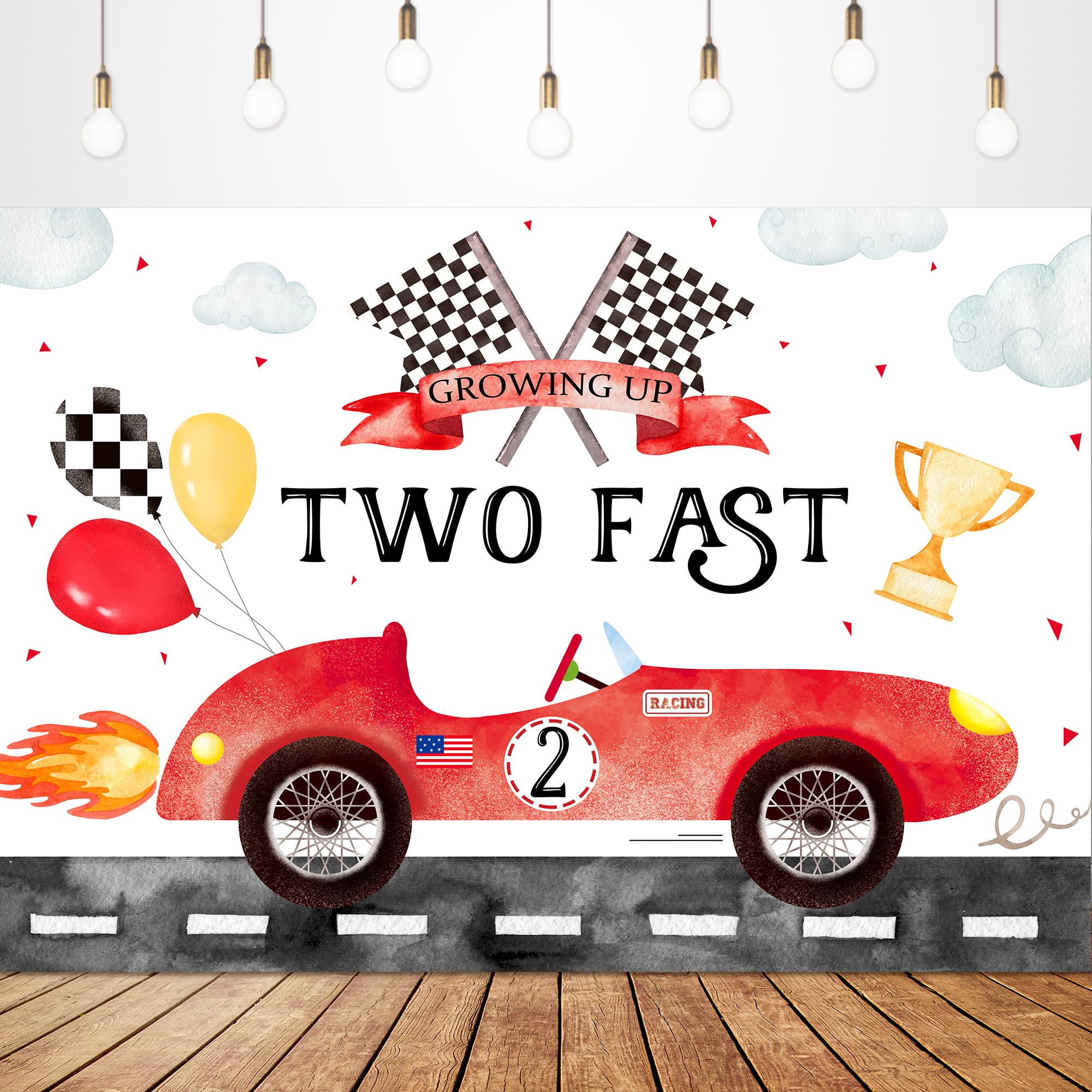 Glawry Two Fast 2Nd Birthday Backdrop For Photography 7Wx5H Feet Boho Watercolor Red Race Car Balloons Cup Cool Cartoon Clouds F