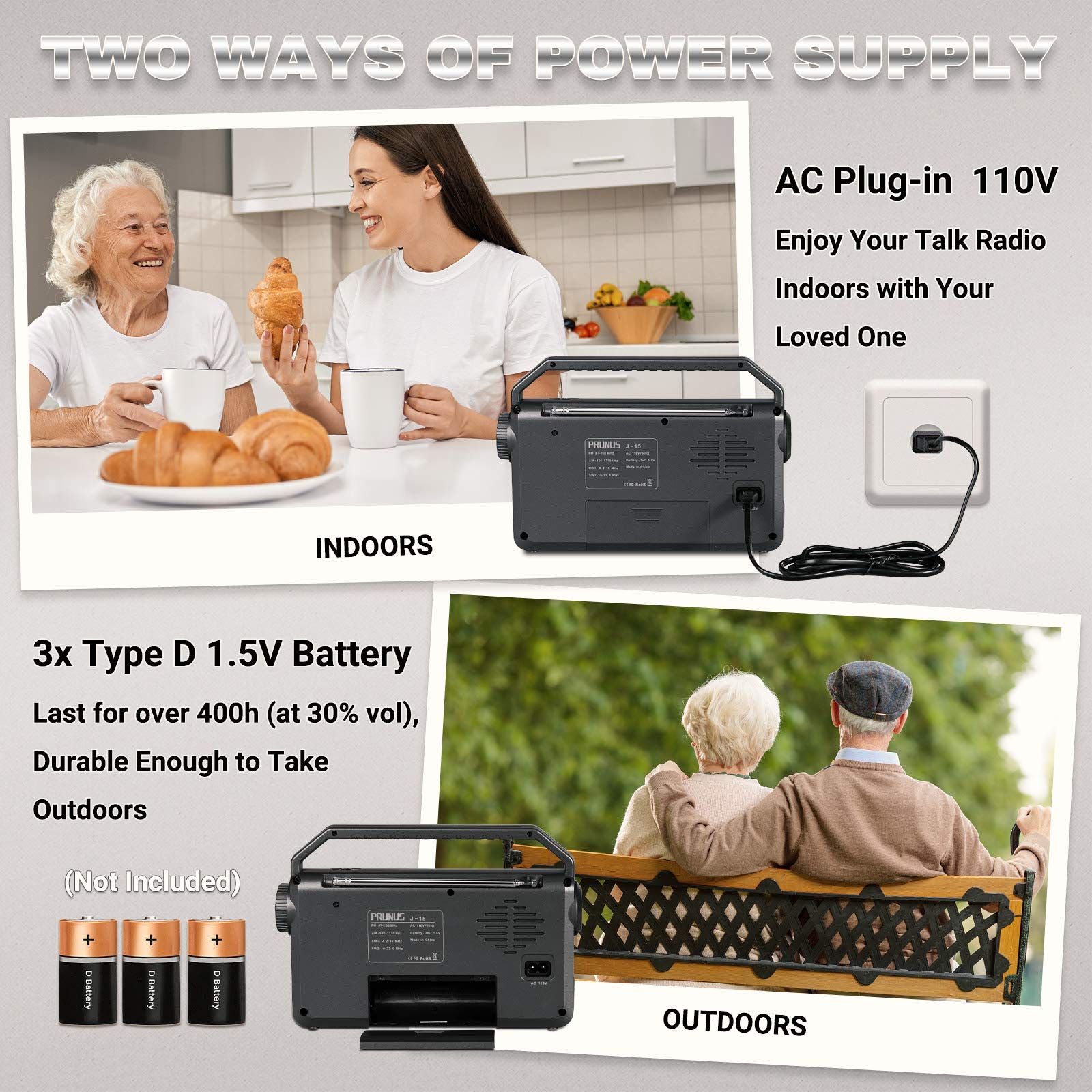 Noaa Weather Am Fm Portable Radio With Best Reception,Flashlight, Earphone Jack,Battery Operated Radio By 3X D Cell Batteries Or Ac Power For Ice Storms Emergency Use,Plug In Wall By Prunus J15Wb