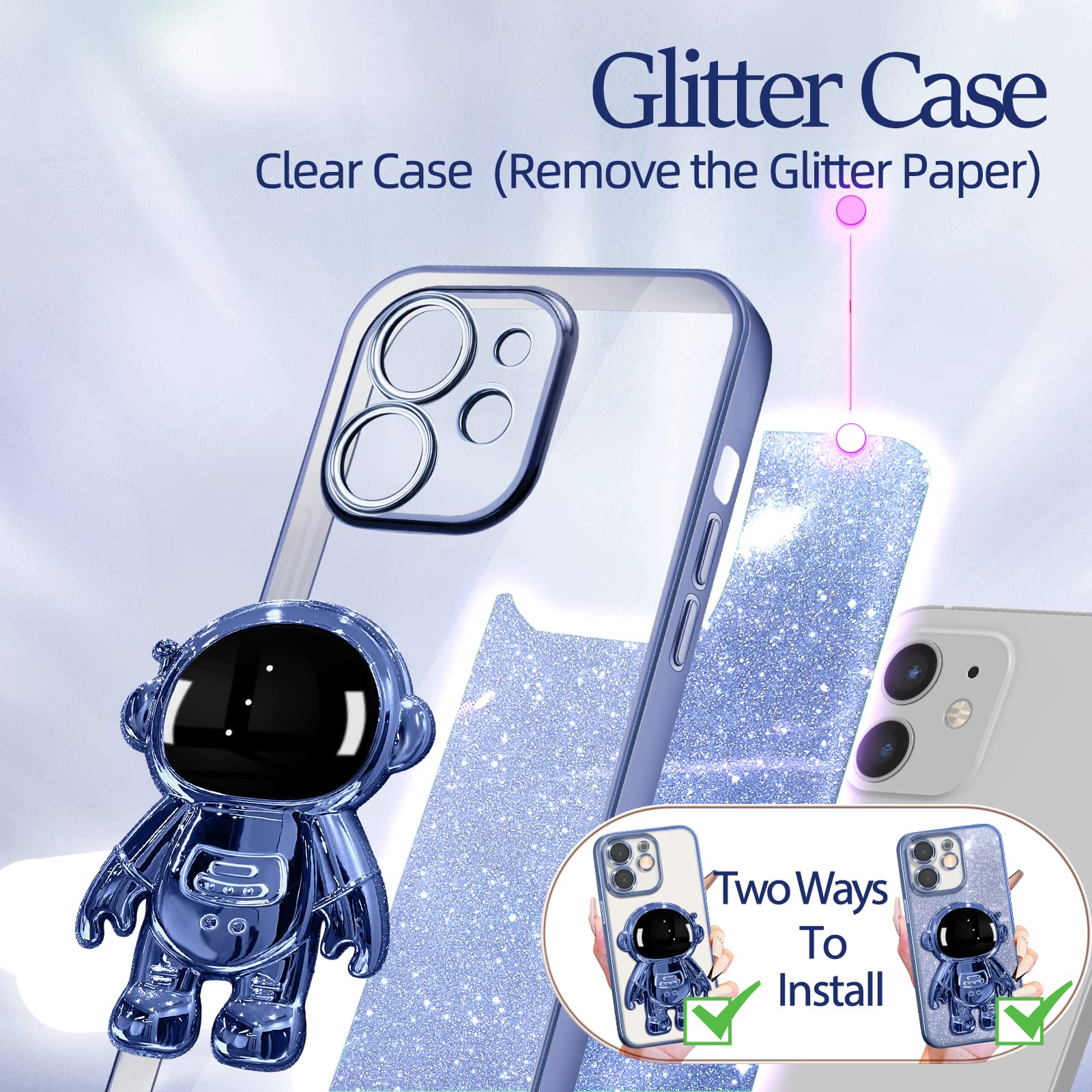 Buleens iPhone 11 Astronaut Phone Case with Spaceman Stand & Glitter Paper, Electroplated Plastic Sierra Blue