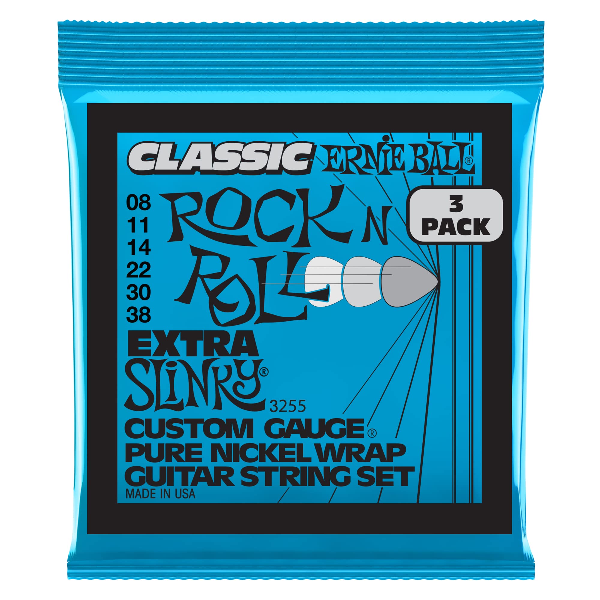 Ernie Ball Extra Slinky Classic Pure Nickel Electric Guitar Strings 3 Pack, 8 38 Gauge (P03255)