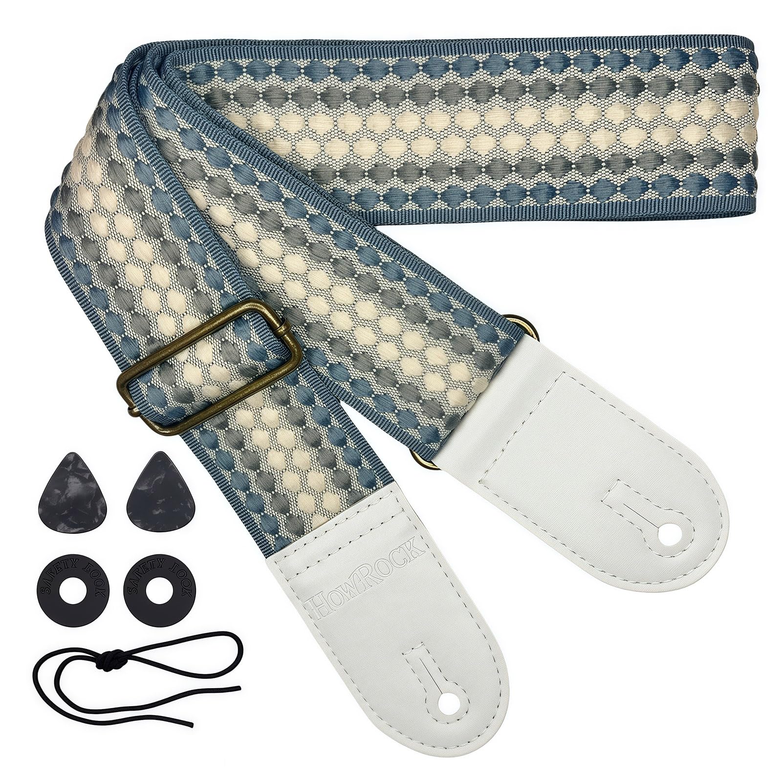 HOWROCK Guitar Strap Adjustable 33  57 Bass Electric Acoustic Polka Dot Jacquard Embroidery for Guitarists (Blue White Blue)