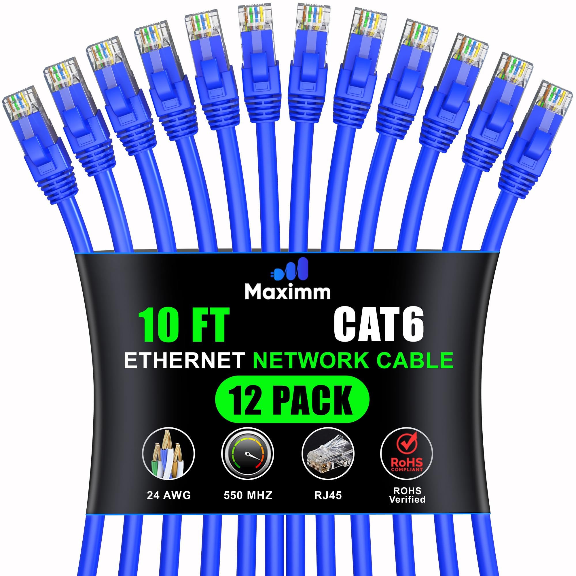 Maximm Cat 6 Ethernet Cable 10 Ft (12 Pack)   High Speed Lan Cable, Internet Cable, Patch Cable, And Network Cable   Utp, 10Gbps, 550Mhz Ethernet Cord   Blue