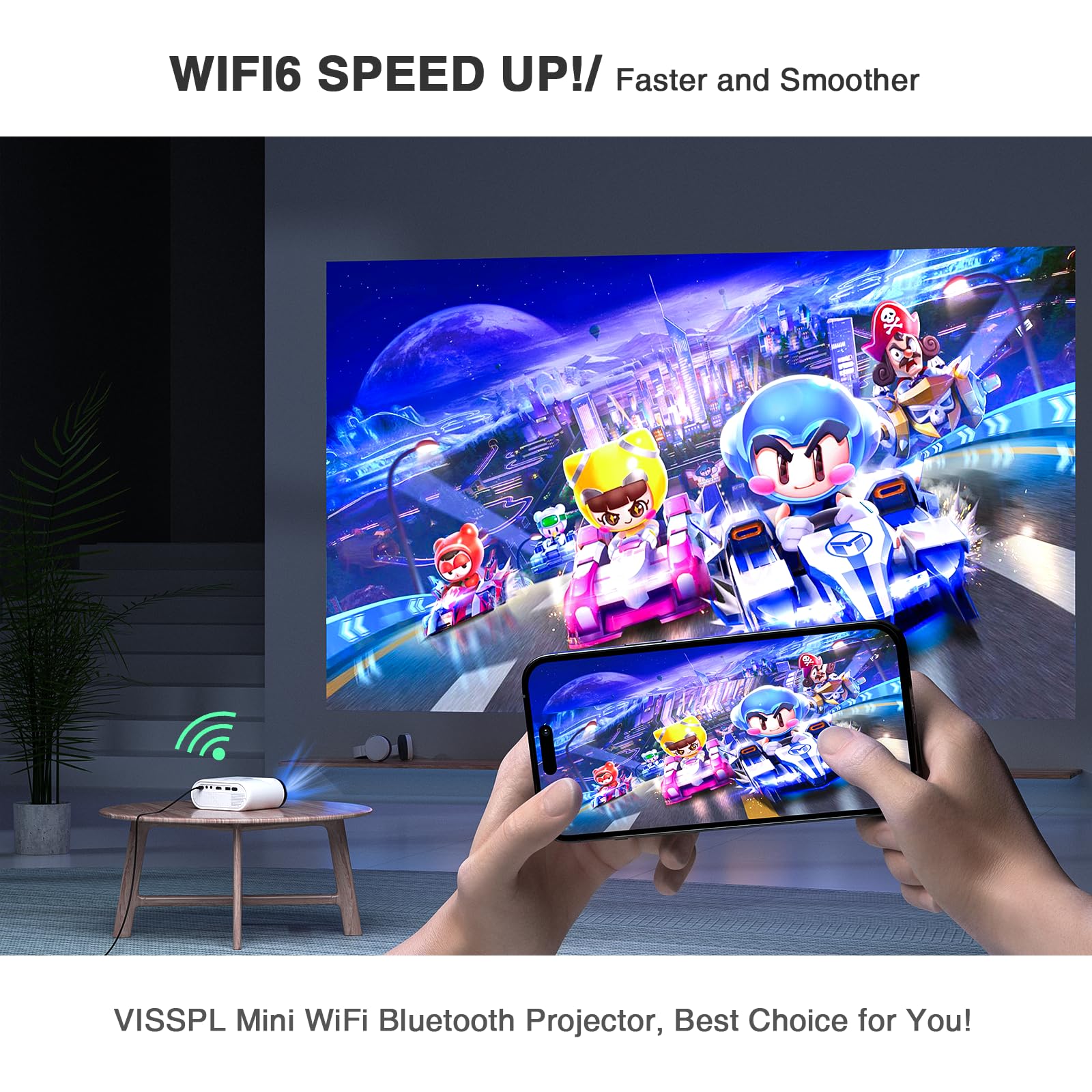 Mini Projector With Wifi And Bluetooth, Visspl Full Hd 1080P Projector, Portable Outdoor Projector With Tripod, Home Theater Mov