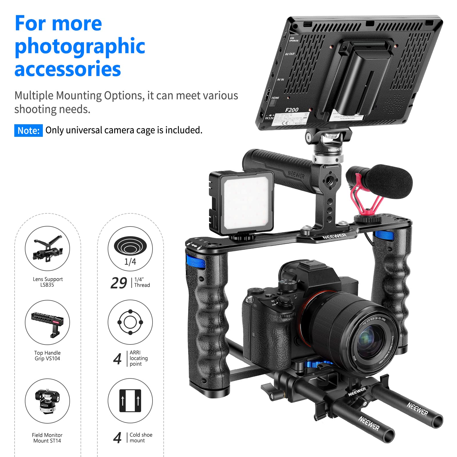 Neewer Aluminum Alloy Camera Cage, Filmmaking Rig With Top Handle, Dual Grips & Arca Type Base, Compatible With Sony A7S Iii A7I