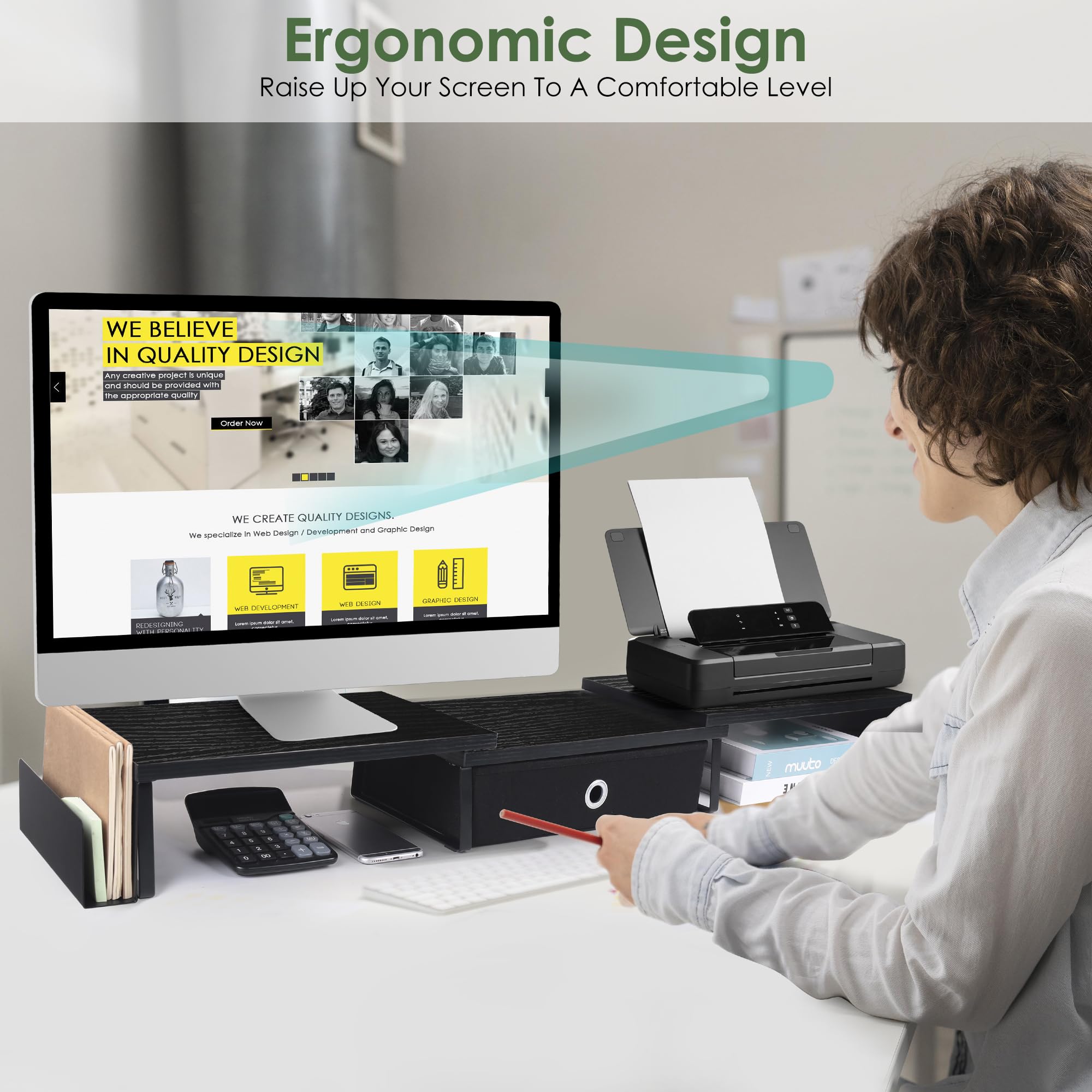 Dual Monitor Stand Riser W/ Drawer & Metal Leg, Large Computer Monitor Riser W/ Storage For 2 Monitors, Desk Shelf For Monitor W
