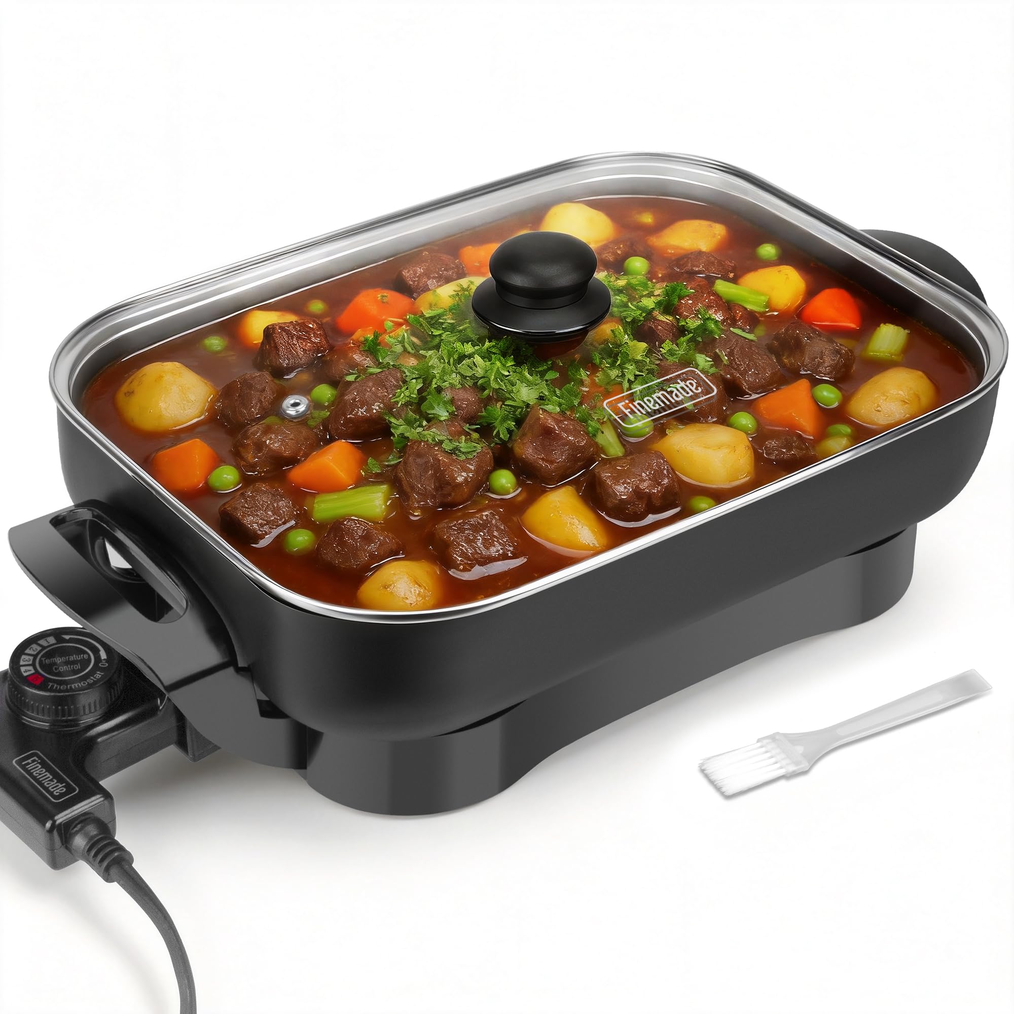 FineMade Family Size Electric Skillet with Lid, XL Electric Skillet, Deep Skillet, Temperature Control, Square 15 x 11.5 Inch Ce