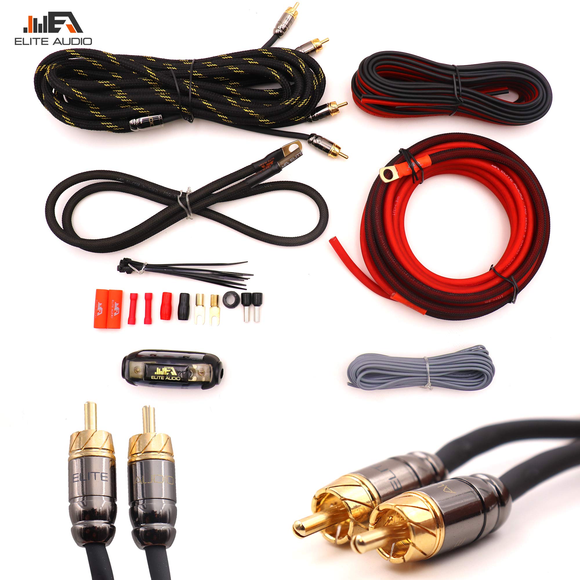 Elite Audio EA-PROK8 Amplifier Wiring Kit - 2500W, 8 Gauge Oxygen Free Copper, Gold