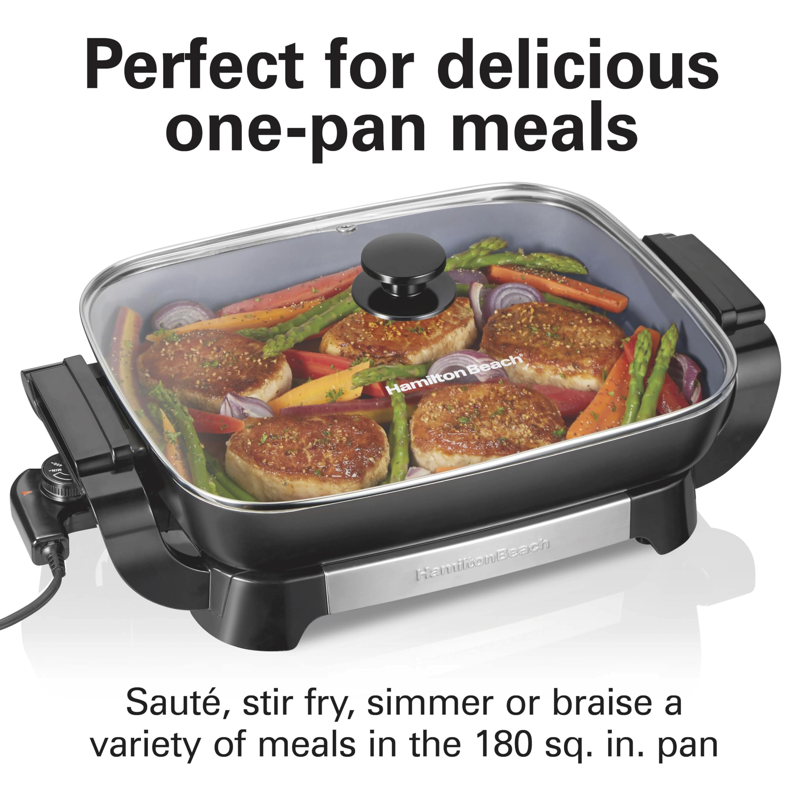 Hamilton Beach Electric Skillet With Pfas-Free Durathon Ceramic Coating, Removable 12X15    Pan, Adjustable Temperature, Reversi