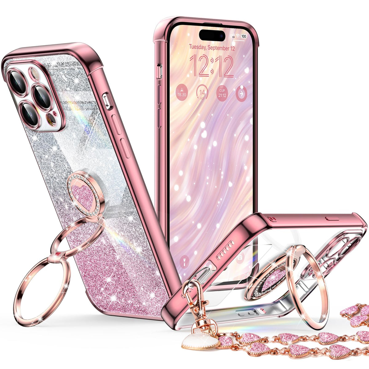 Xyz For Iphone 15 Pro Case With Stand, Phone Case With Double Ring Kickstand, Women Girl Cute Love Heart Luxury Bling Tective Ca
