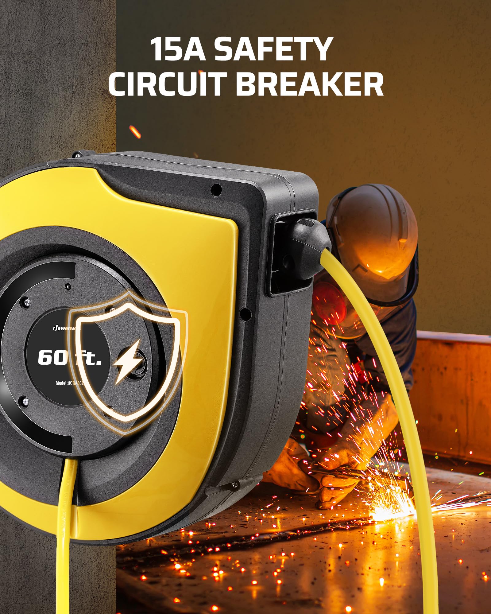 Dewenwils Retractable Cord Reel, 60Ft Heavy Duty Extension Cord, 12Awg/3C Sjtow, 3 Grounded Outlets Lighted Triple Tap, 15A Circ