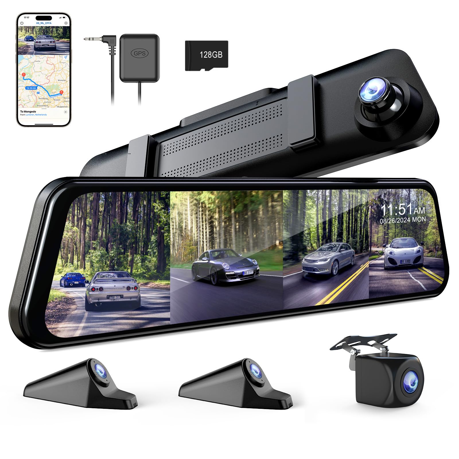 360 Degree View 4 Channel Mirror Dash Cam Detached Camera for Cars,Dash Cam Front and Rear Side(Left,Right),12 Rear View Mirro