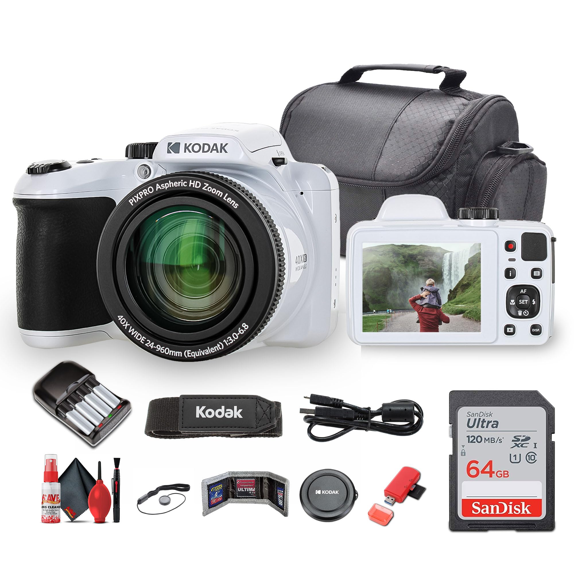 Kodak Pixpro AZ405 Digital Camera (AZ405WH) Bundle Including: 64 GB Memory Card, Rechargeable Batteries, Case, Neck Strap, Lens 