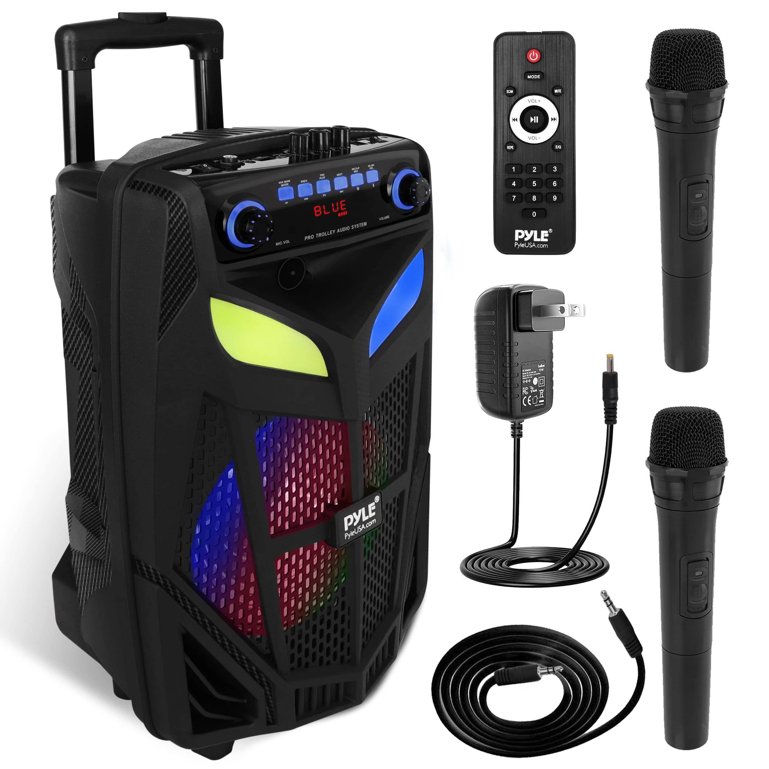 Pyle Portable Bluetooth PA Speaker System-600W 10    Indoor/Outdoor BT Speaker-Includes 2 Wireless Microphones, Party Lights, US