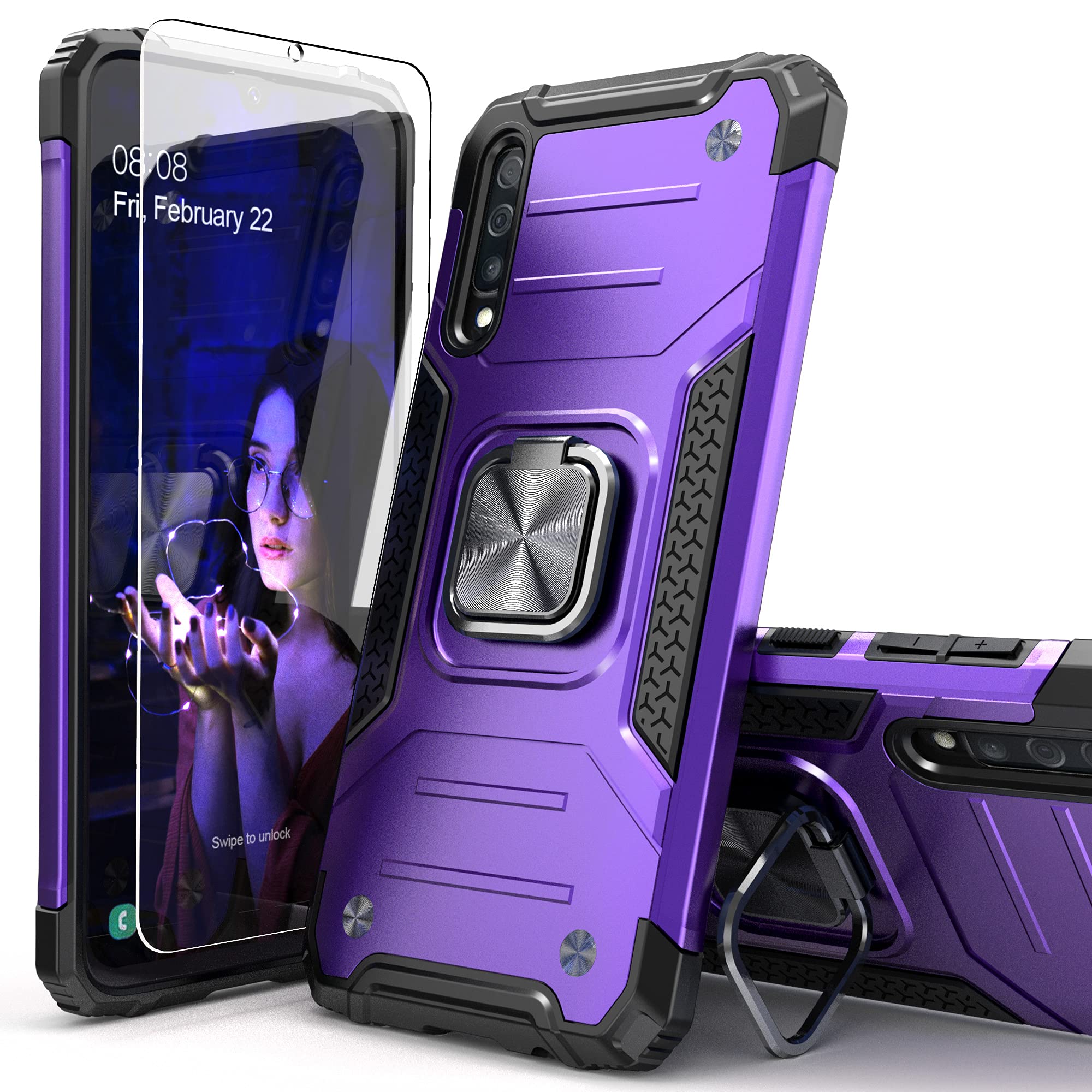 Idystar Galaxy A50 Case With Tempered Glass Screen Protector, Galaxy A50S Case,Hybrid Drop Test Cover With Car Mount Kickstand S