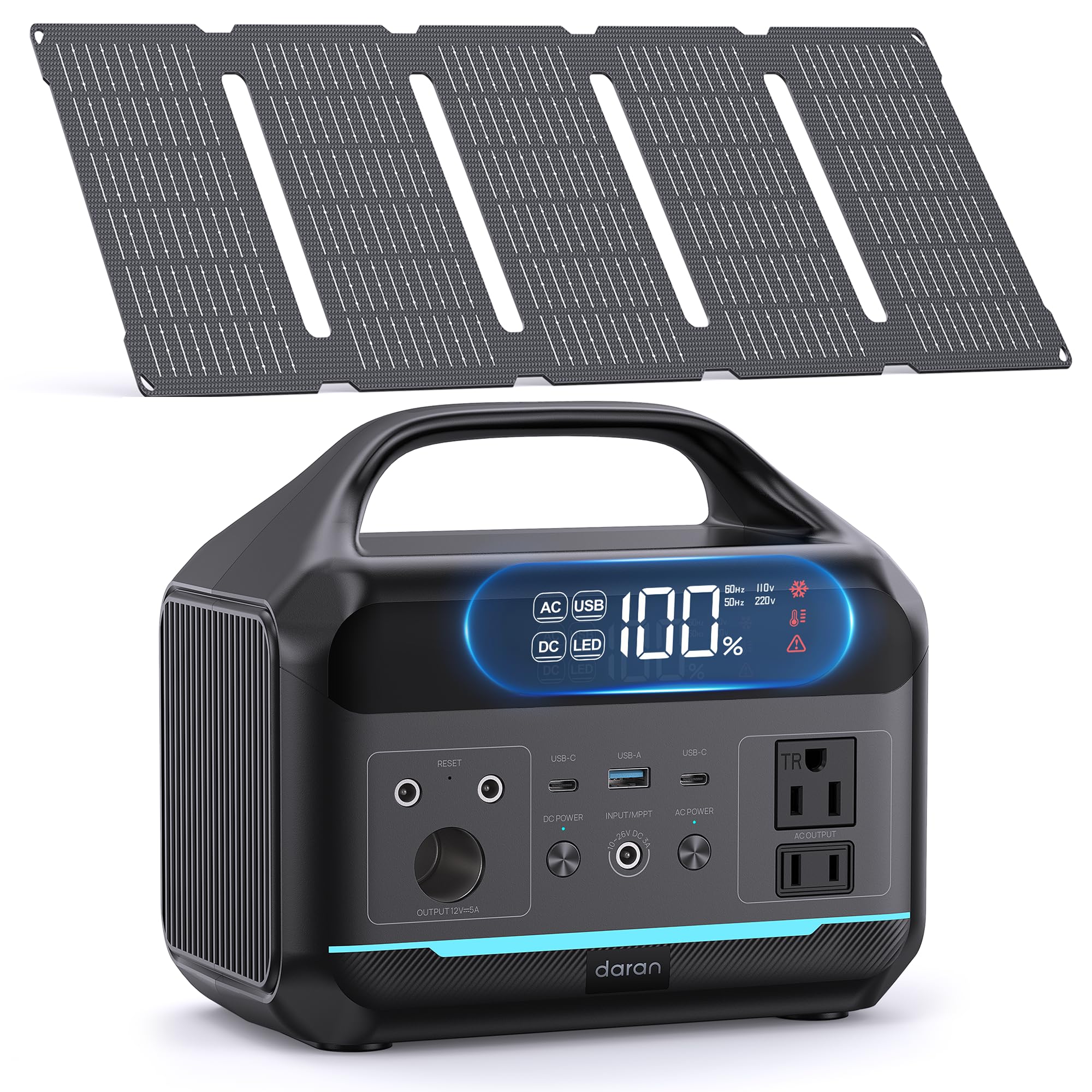 Daran Solar Generator 192Wh With 30W Solar Panel, Portable Power Station 300W (600W Surge), 8 Outputs Lifepo4 Battery, Portable