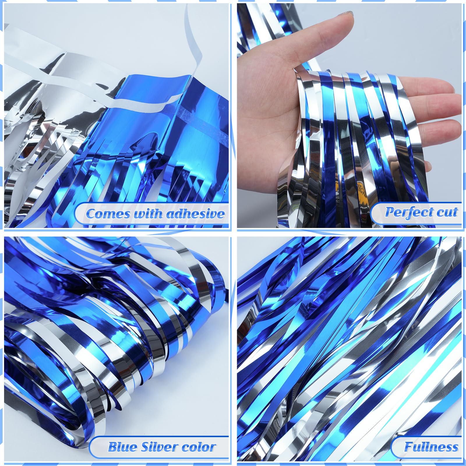3Pack 3.3Ft X 6.6Ft Graduation Foil Fringe Curtain Backdrop Decorations, Blue Silver Metallic Tinsel Foil Streamers Curtain Phot