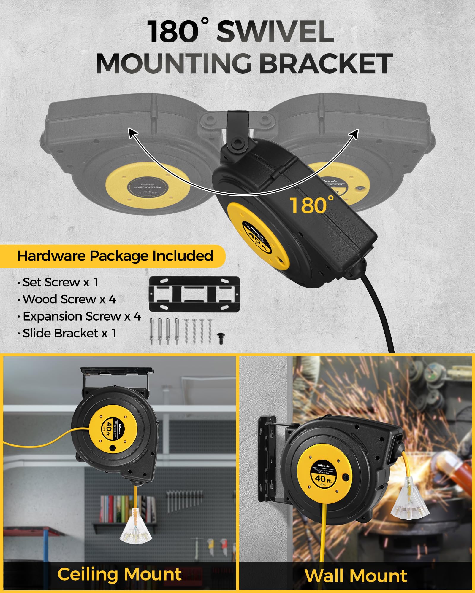 Wilawels Retractable Extension Cord Reel, 40 Ft Heavy Duty Power Cord, 12Awg/3C Sjtow, 3 Grounded Outlets Lighted Triple Tap, 15