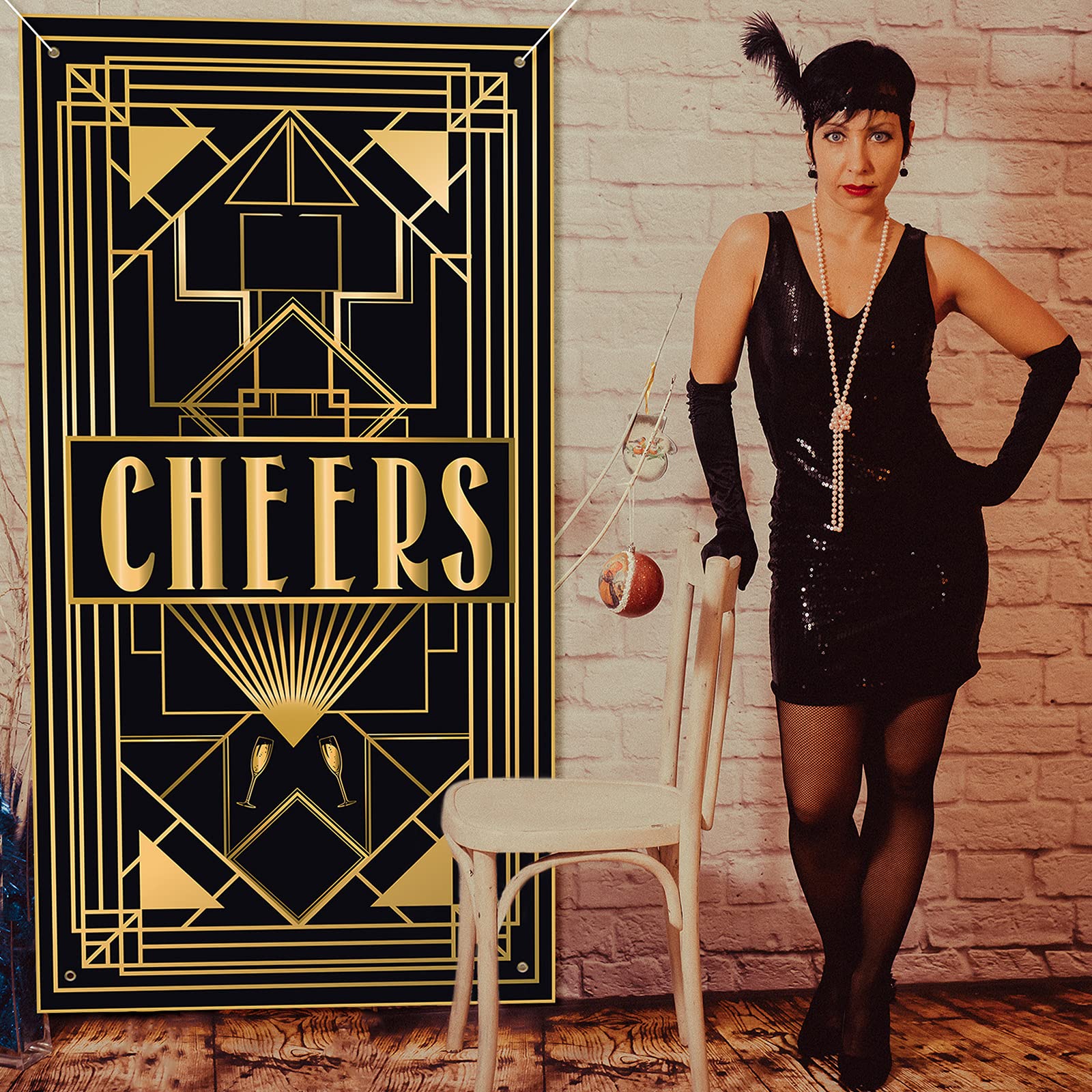Lingxiu Cheers 20S Party Decorations,Roaring Door Cover Banner,Large Fabric Black And Gold Glitter Sign Photo Booth Backdrop Bac
