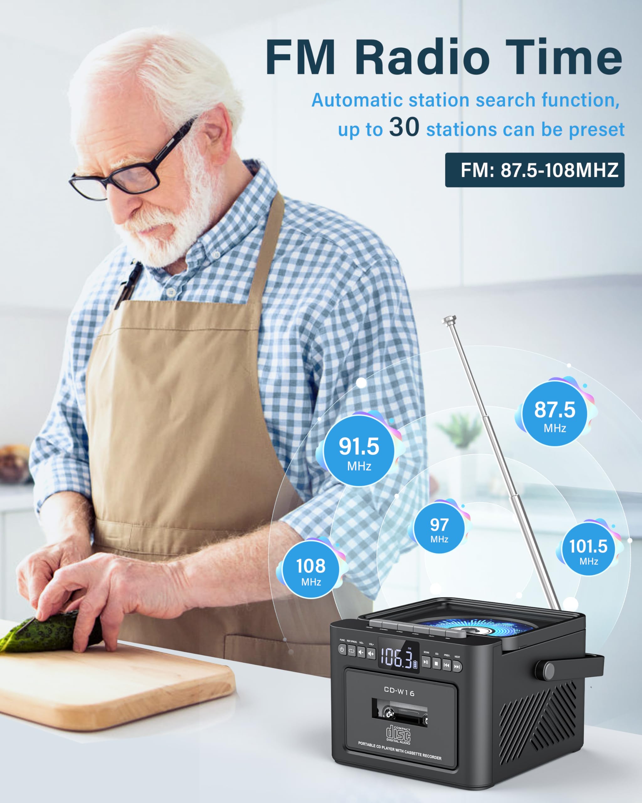 Boombox Cassette Cd Player Bluetooth5.1 With 5000Mah Battery,5W Dual Stereo Speakers,Rechargeable Cd Player With Fm Radio,Remote