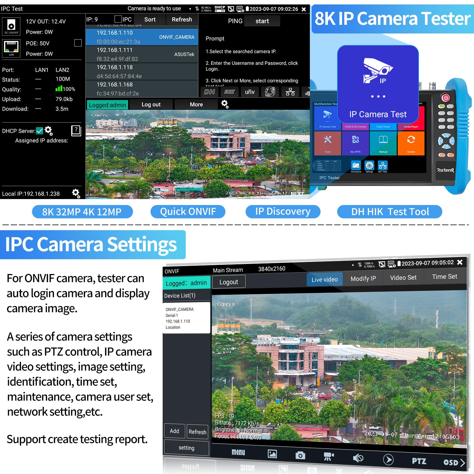 Rsrteng Cctv Camera Tester, 8K 32Mp Ip Camera Tester 8Mp Cvi Tvi Ahd Sdi Cvbs Camera Tester 7Inch Ips Touch Screen Cctv Tester S