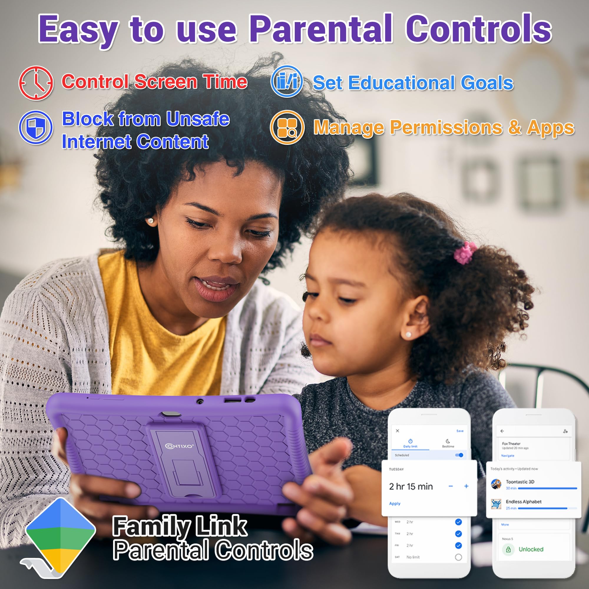 Contixo Kids Tablet K102, 10 Inch Hd, Ages 3 7, Toddler Tablet With Camera, Parental Control, Android 10, 32Gb, Wifi, Learning Tablet For Children, Teacher Approved Apps And Kid Proof Case, Purple