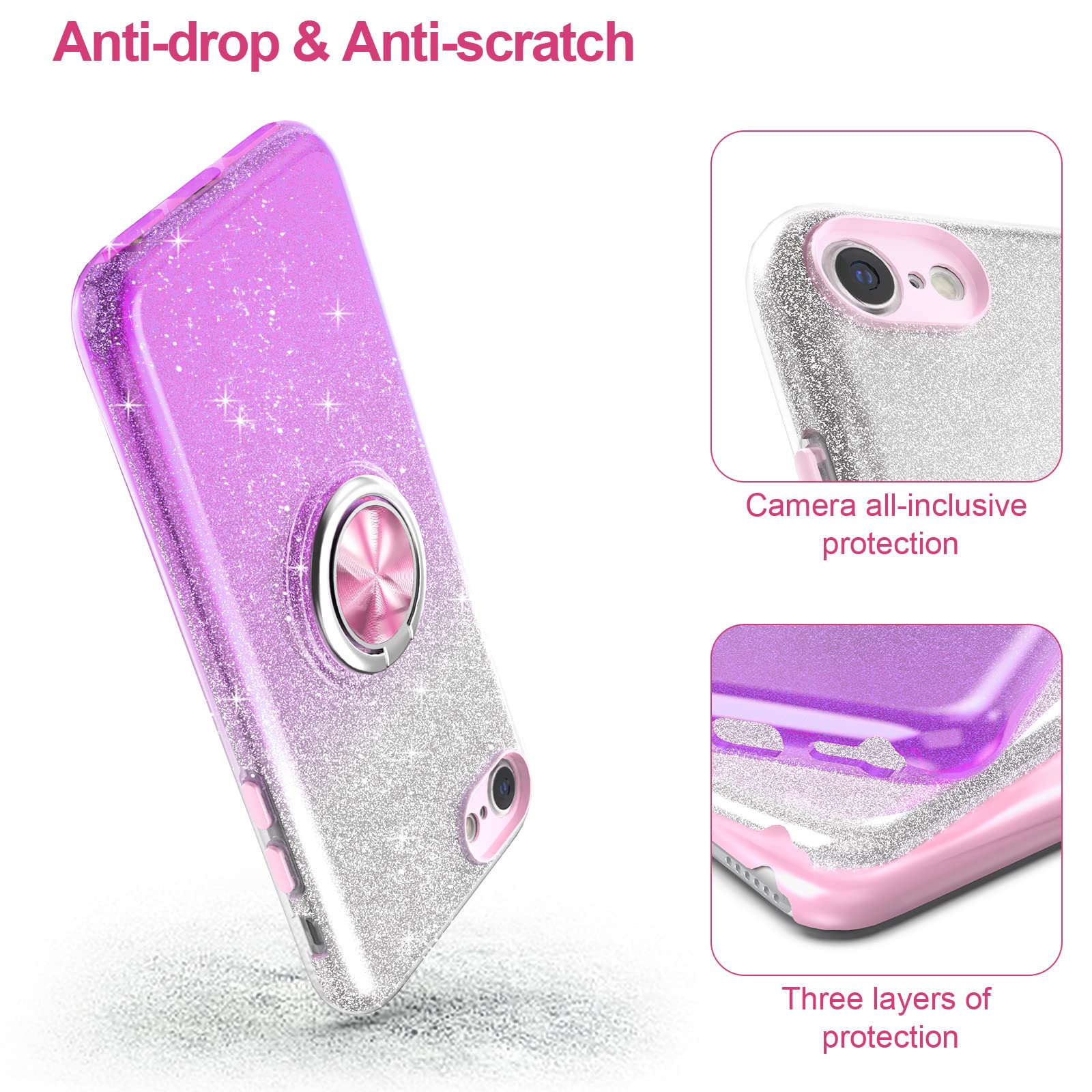 PeeTep iPhone SE 2020/SE 3/8/7 Glitter Phone Case Ring Holder Kickstand Magnetic Mount Shock-Absorbent Purple