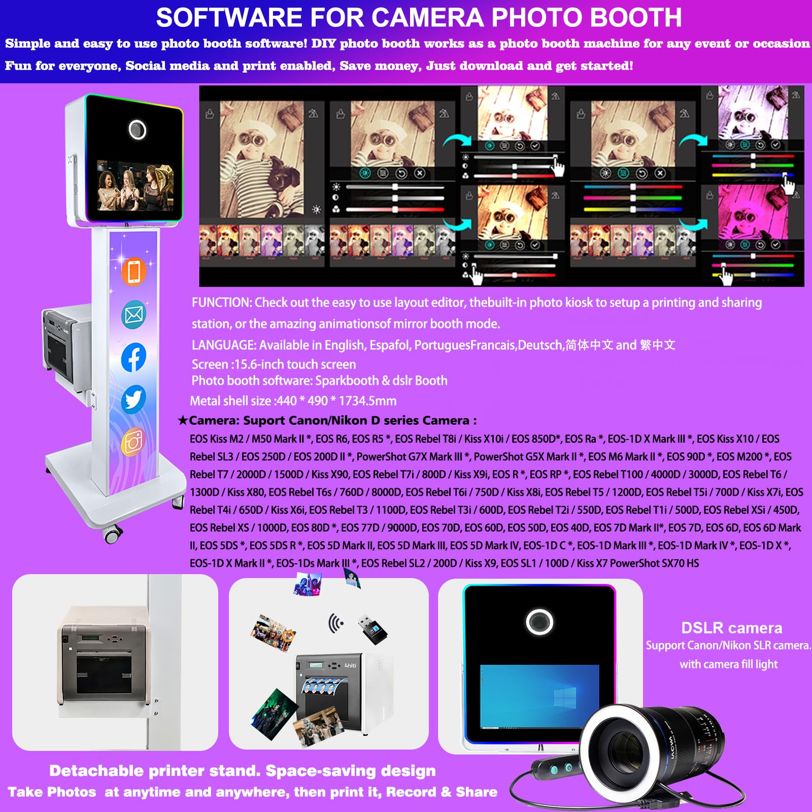 Mirror Photo Booth Selfie Camera Photobooth Diy Photo Booth Machine With 15.6'' Touch Screen Pc, Rgb Led Fill Light, Flight Case