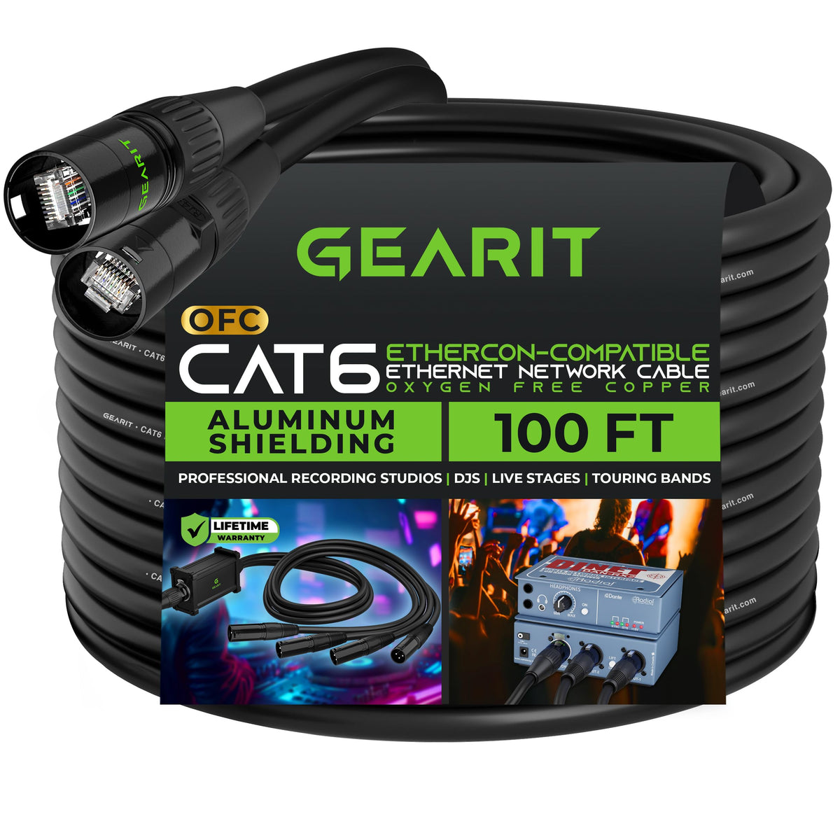 Gearit Cat6 Ethernet Cable, Ethercon Compatible (100 Feet) Rj45 Connectors For Pro Audio, Aluminum Shielded, Oxygen Free Copper