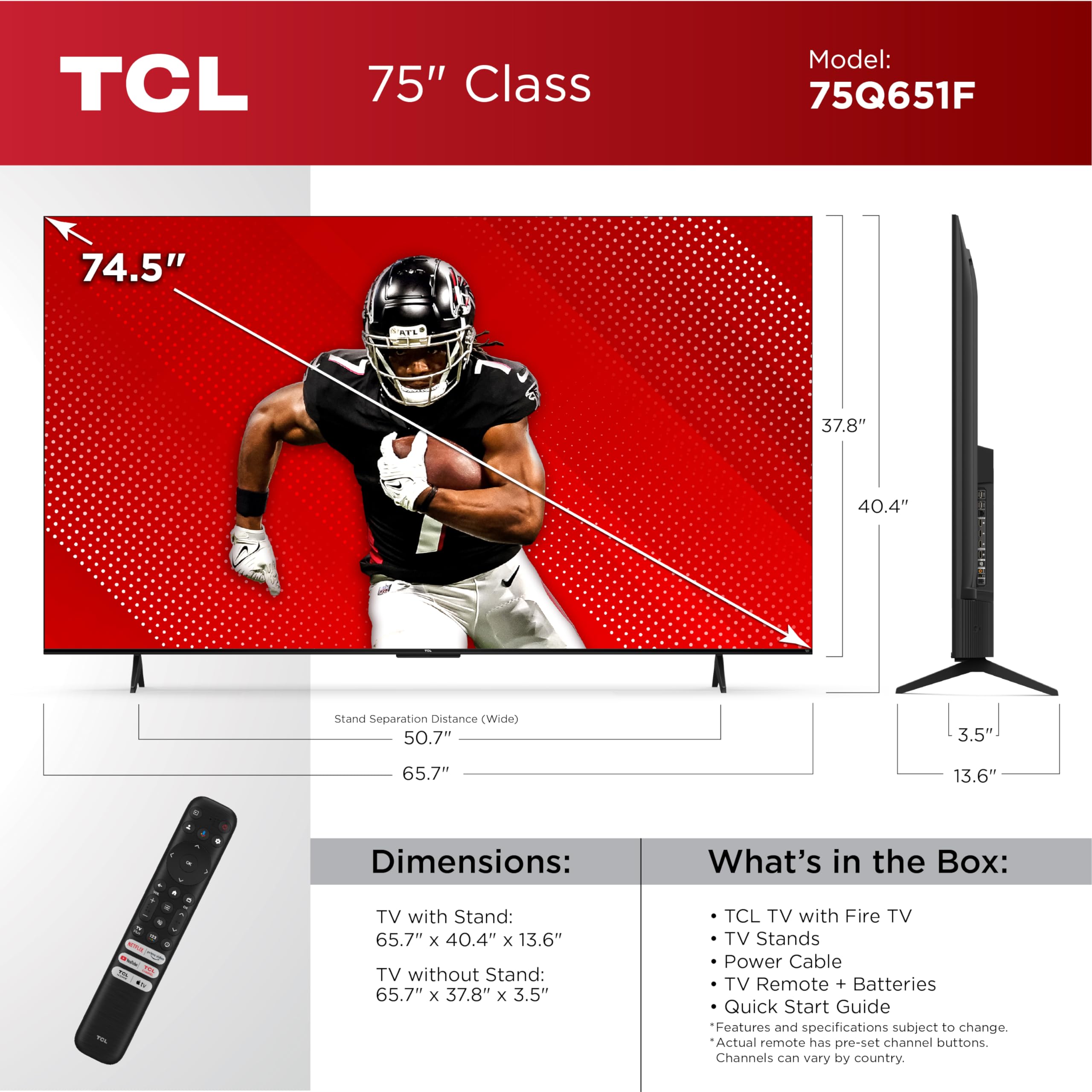 Tcl 75-Inch Class Q65 Qled 4K Smart Tv With Fire Tv (75Q651F, 2024 Model), Dolby Vision, Hdr Pro+, Dolby Atmos, Alexa Built-In W