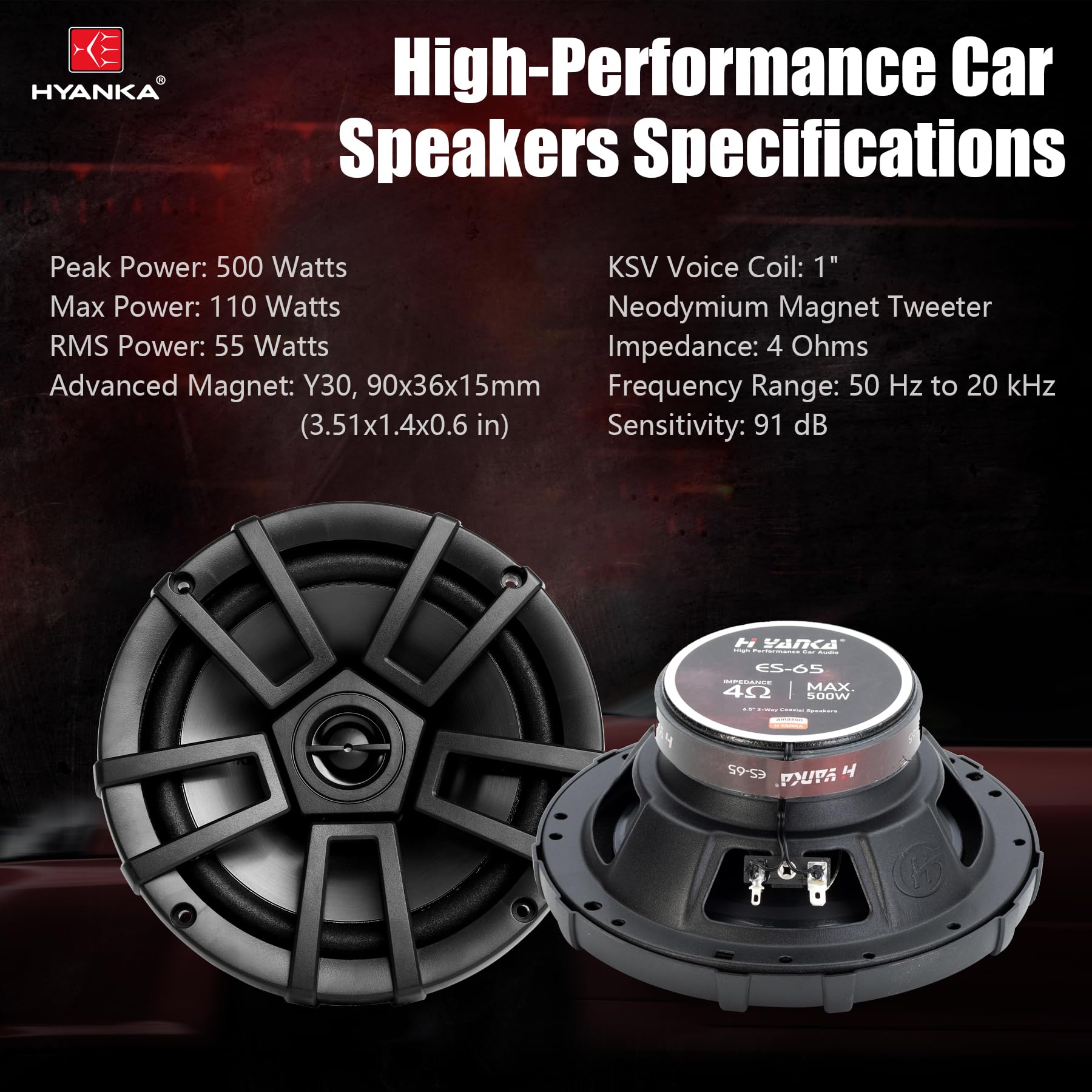H Yanka 6.5 Door Speakers, Full Range Stereo, 500 Watts, 2 Way Coaxial 6.5 Inch Car Speakers, Delivering Clear Stereo Sound With