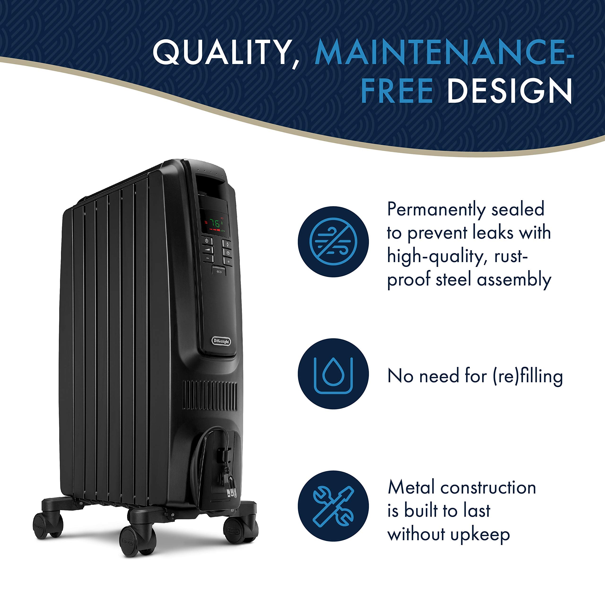 Delonghi Dragon Digital Oil Filled Radiator Heater, 1500W Electric Space Heater For Indoor Use, Programmable Timer, Energy Savin