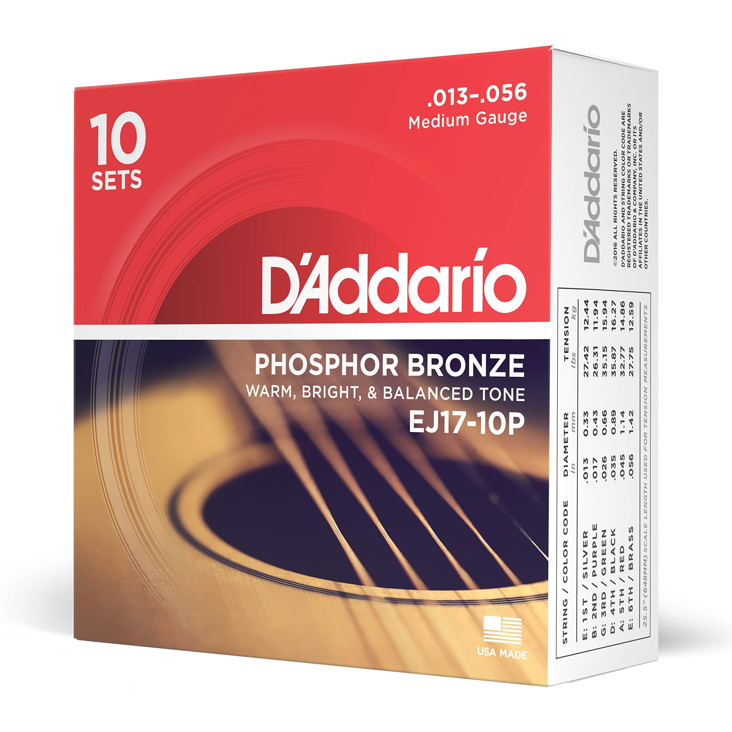 Daddario Guitar Strings   Phosphor Bronze Acoustic Guitar Strings   Ej17 10P   Rich, Full Tonal Spectrum   For 6 String Guitars 