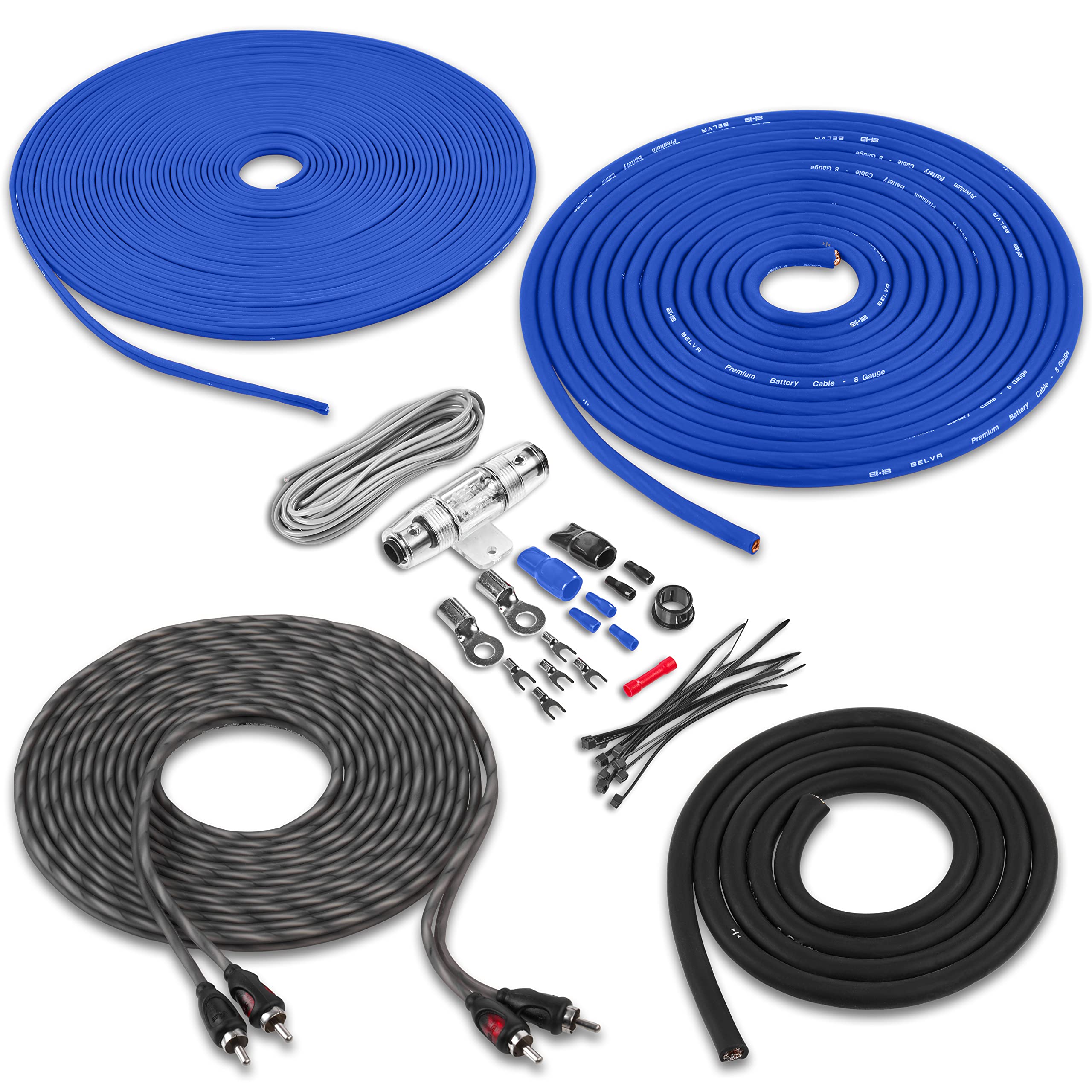 Belva True 8 Gauge Awg Premium Cca Complete Amplifier Wiring Kit With Ofc 2 Channel Rca Cable   Bak82Bl Blue