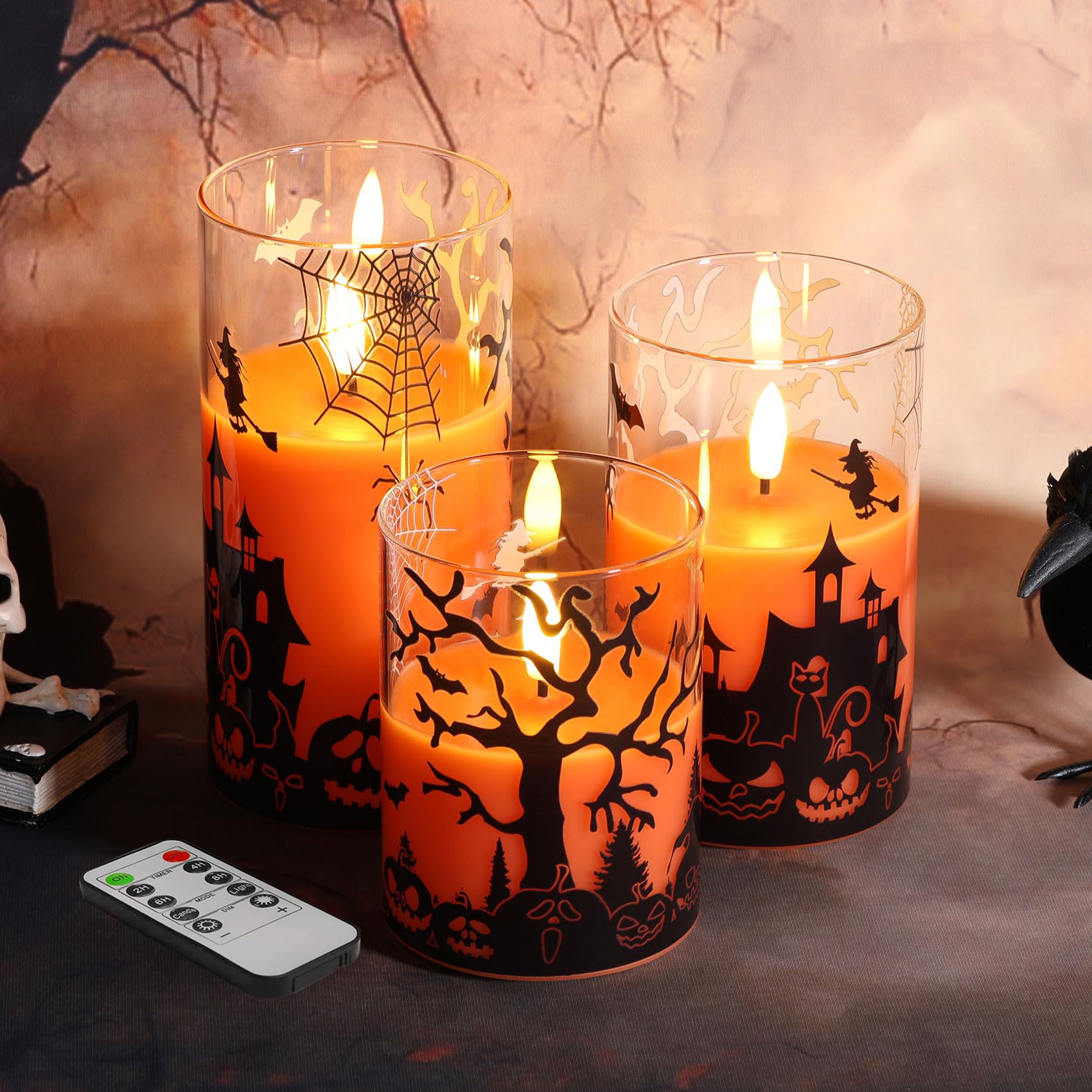Eywamage Orange Halloween Glass Flameless Candles With Remote, Real Wax Flickering Led Pillar Candles Set Of 3