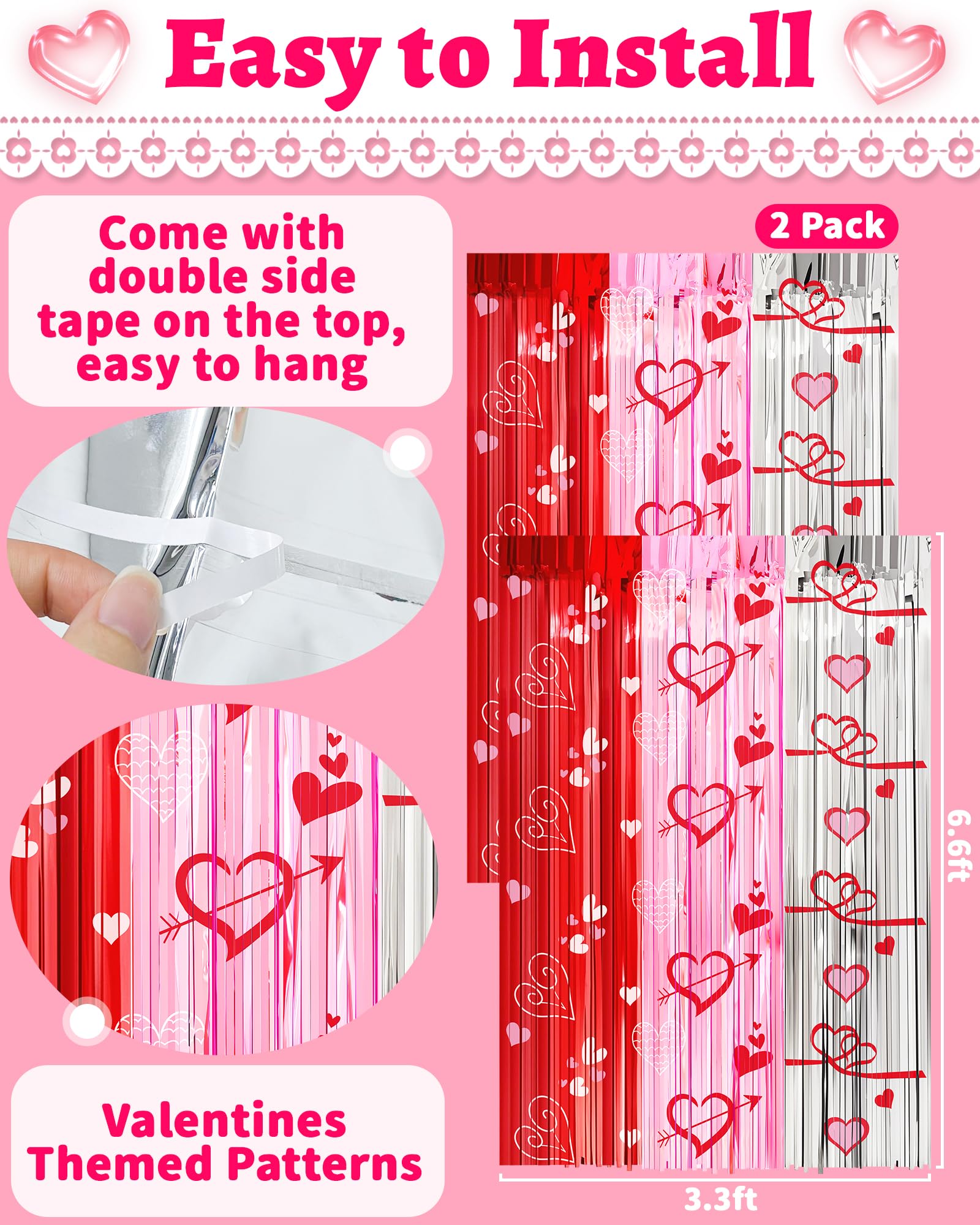 Valentines Day Decorations Foil Fringe Curtains For Party, 2 Pack 3.3 X 6.6 Ft Galentines Day Decorations Red Pink Silver Tinsel